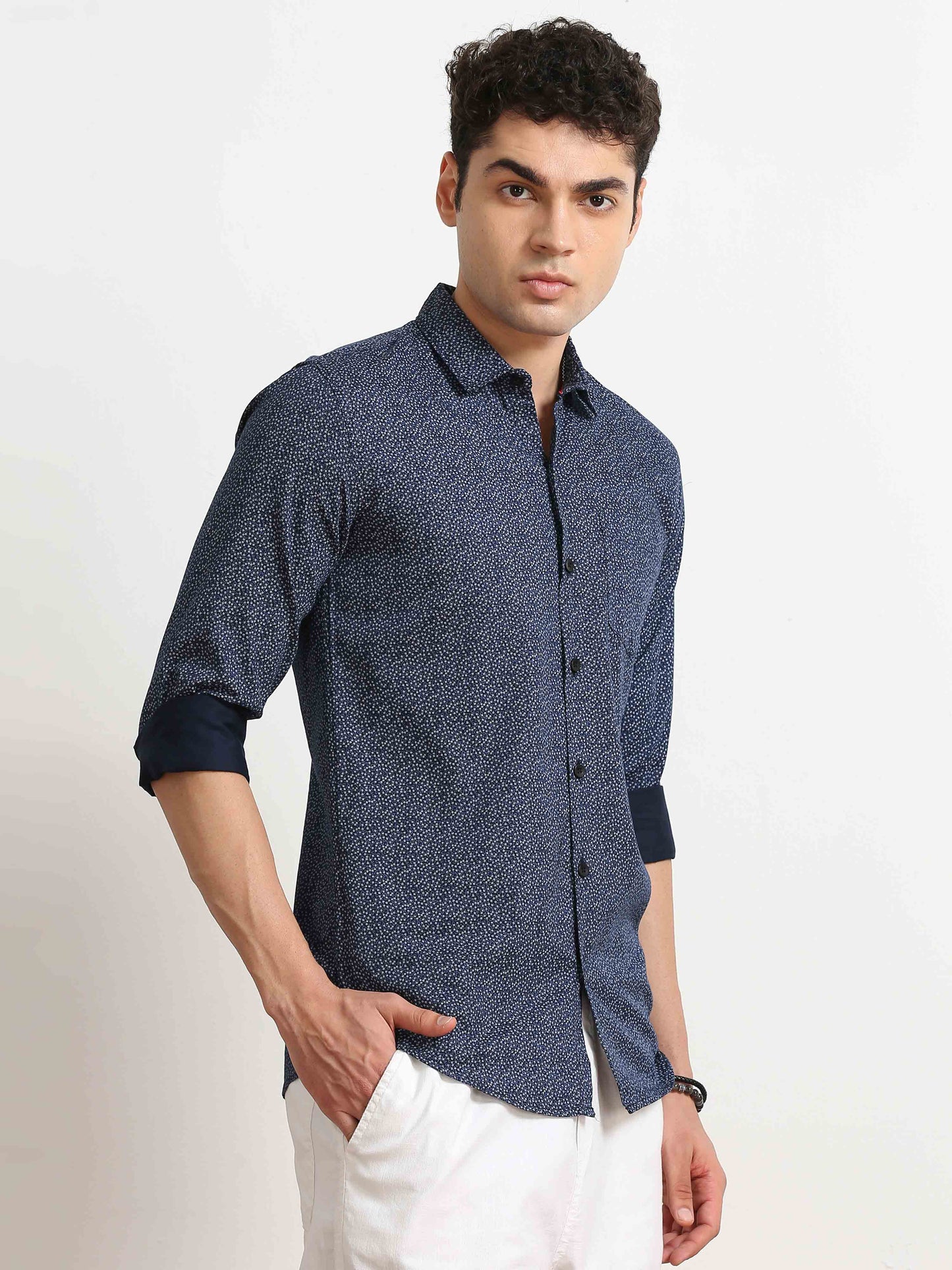 Navy blue floral mens casual printed shirts