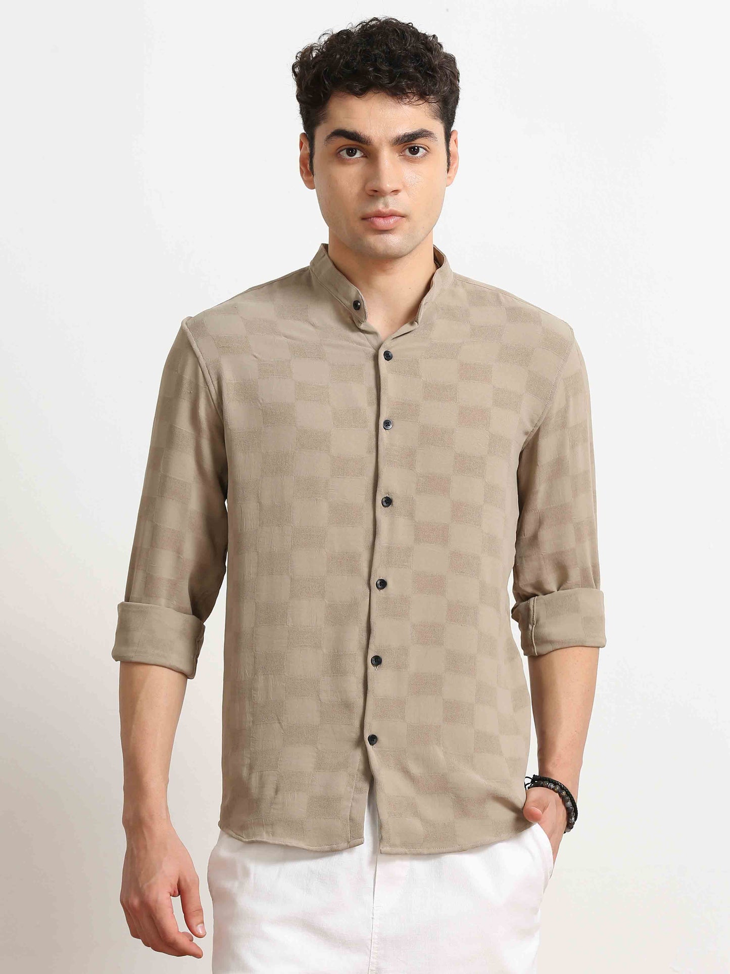 Beige Textured Printed mandarin collar shirt for men