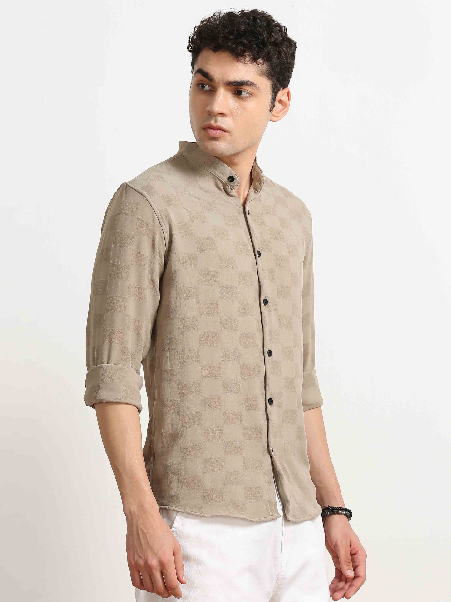 Beige Textured Printed mandarin collar shirt for men