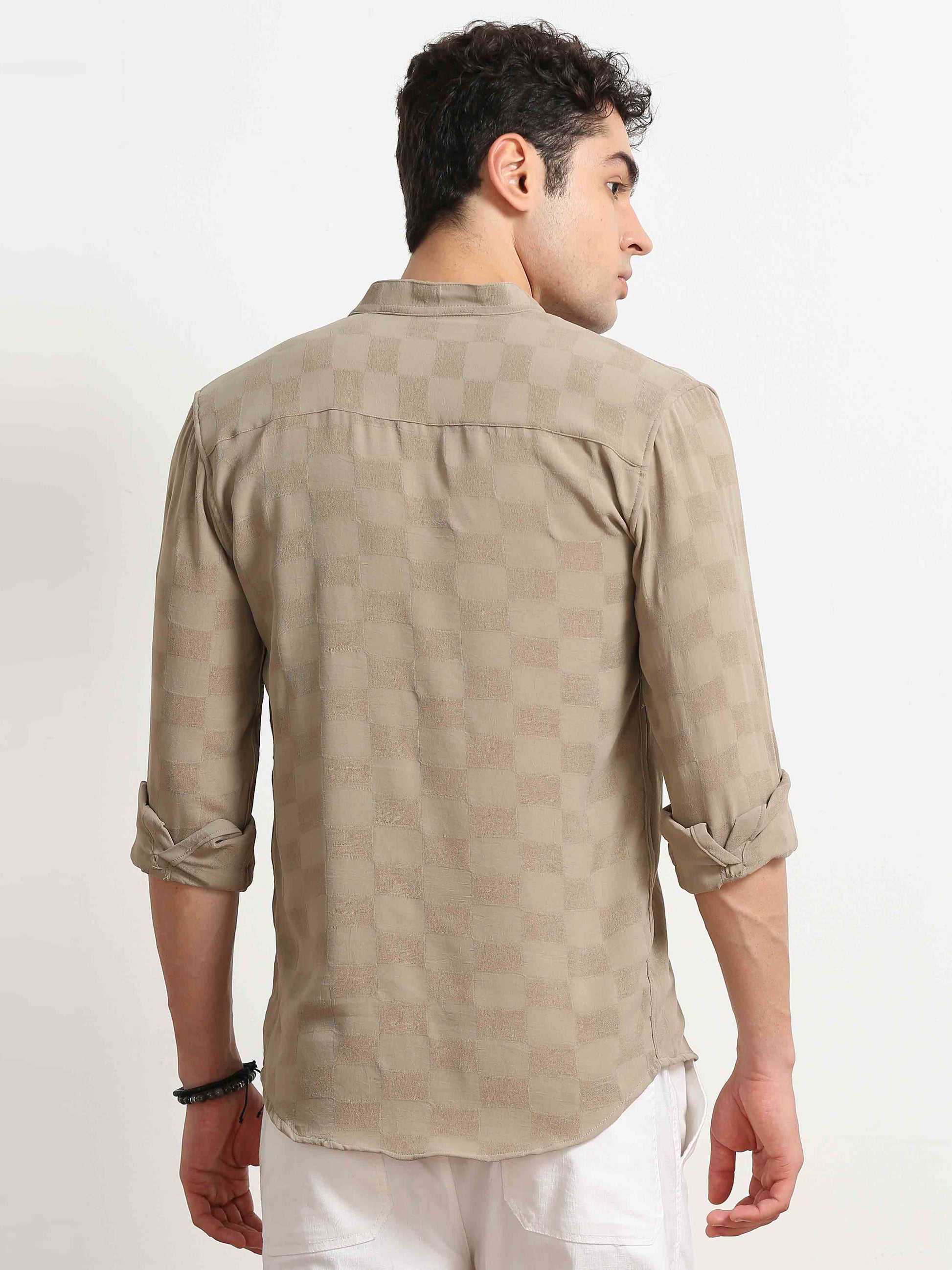 Beige Textured Printed mandarin collar shirt for men