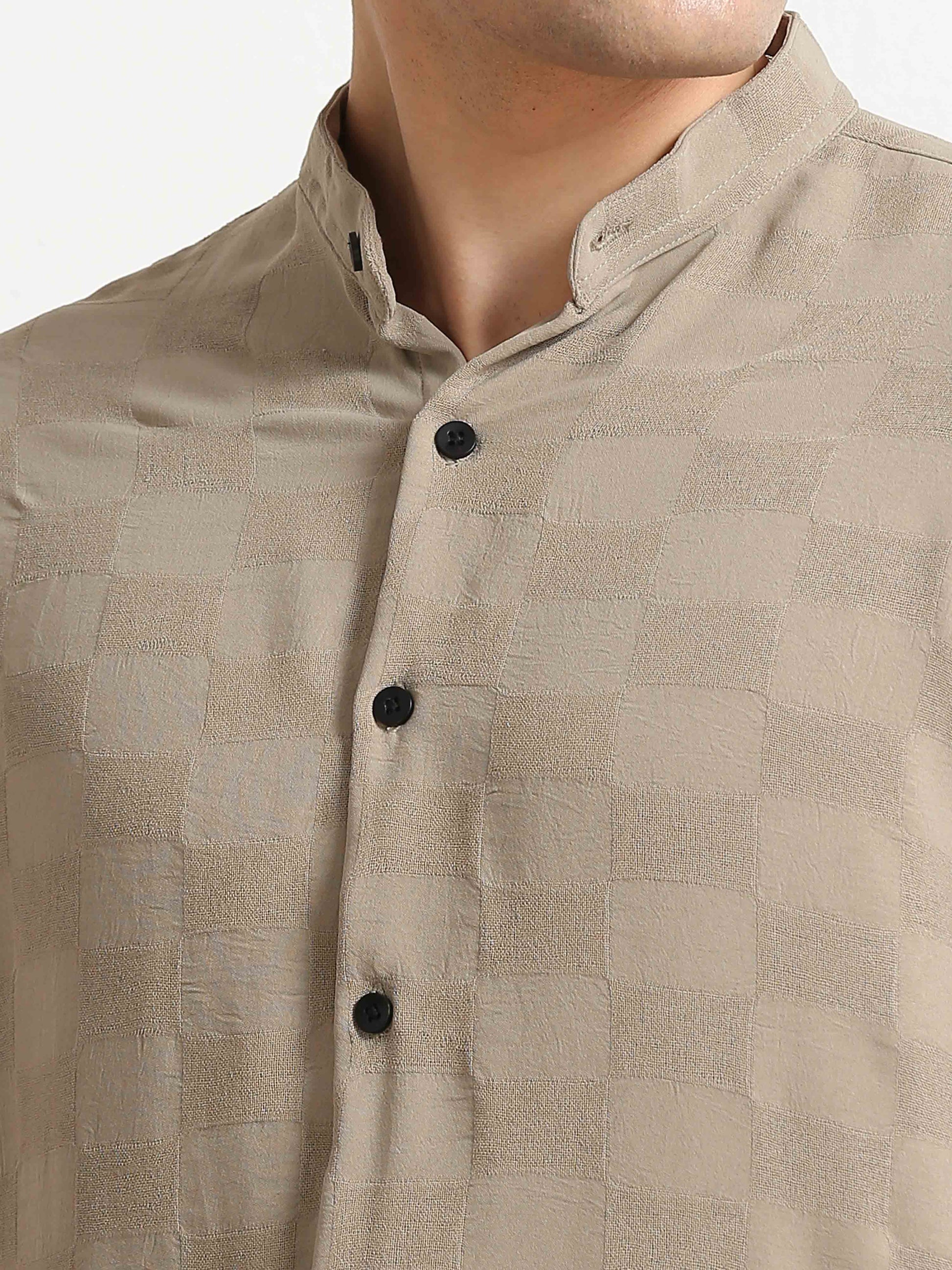 Beige Textured Printed mandarin collar shirt for men