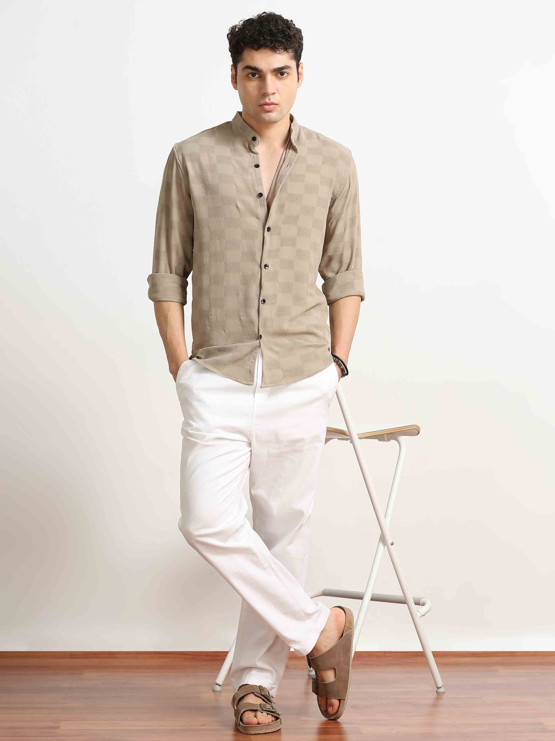 Beige Textured Printed mandarin collar shirt for men