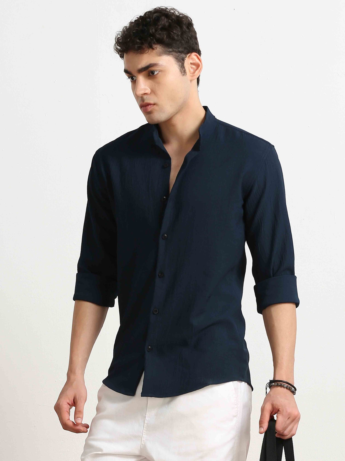 Navy Crush Textured Solid Shirt For Men