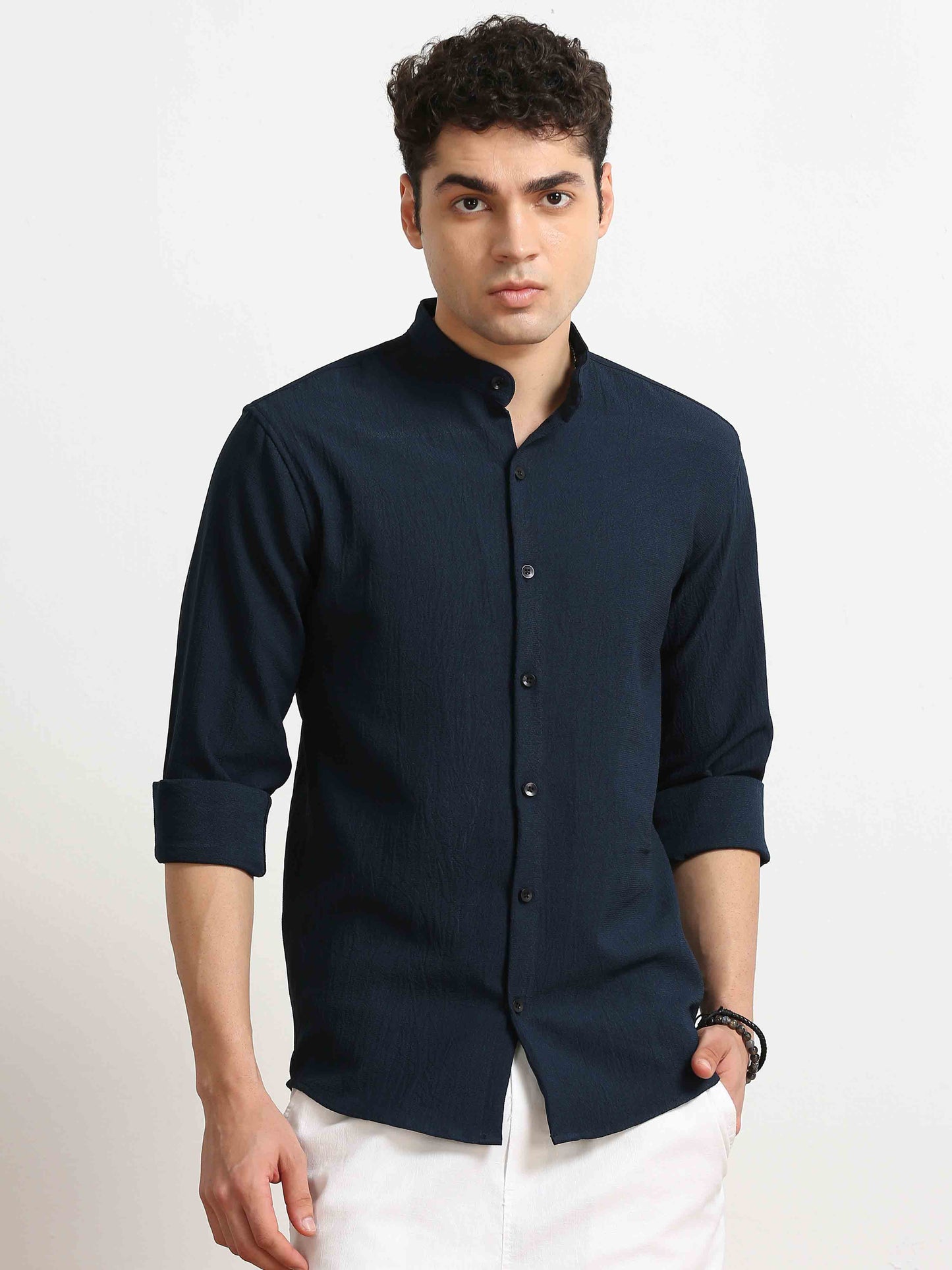 Navy Crush Textured Solid Shirt For Men