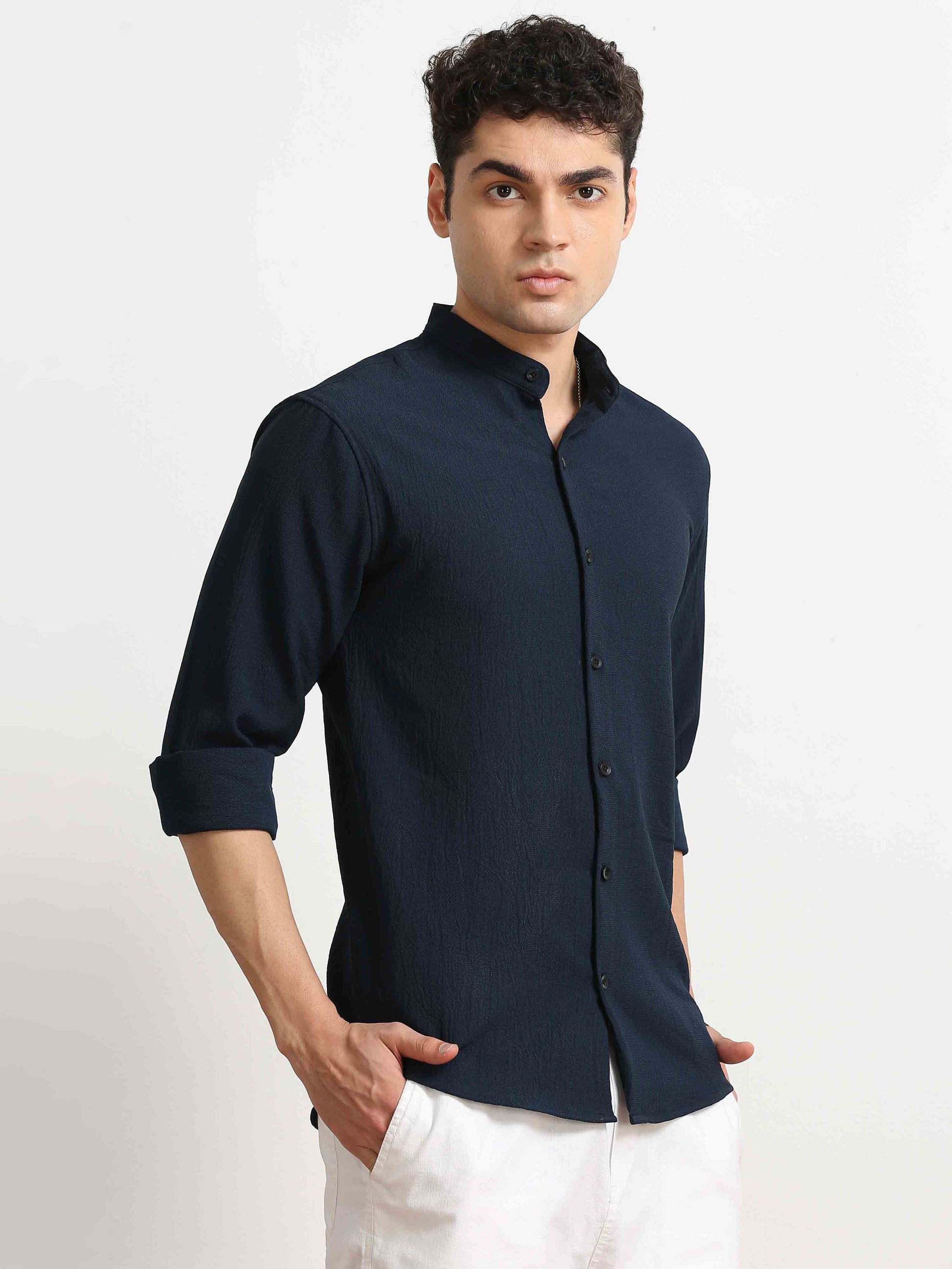 Navy Crush Textured Solid Shirt For Men