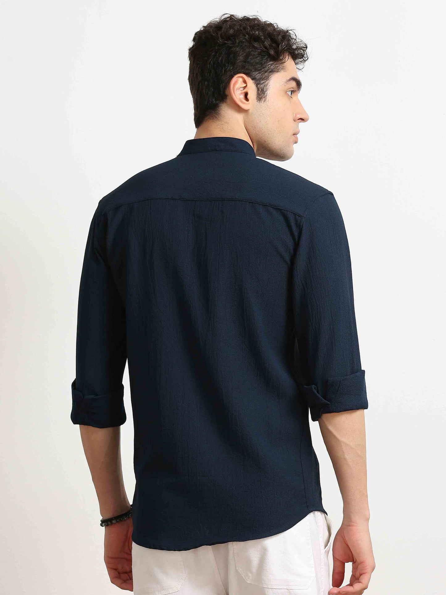 Navy Crush Textured Solid Shirt For Men