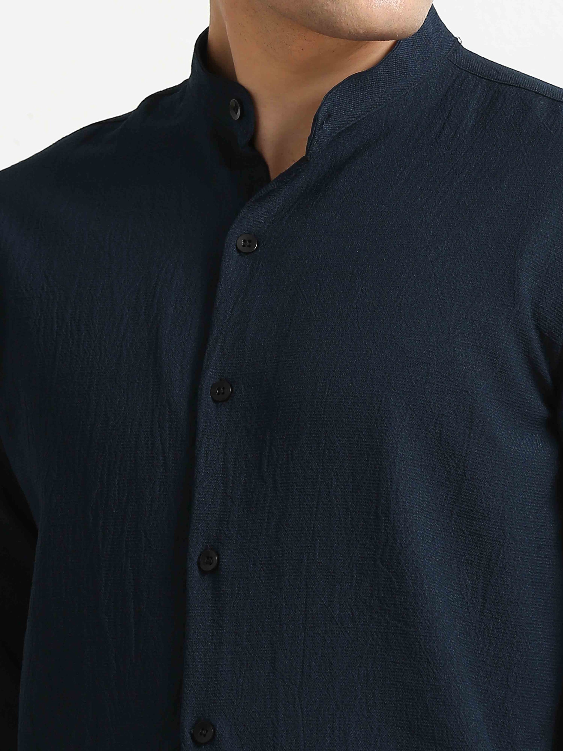 Navy Crush Textured Solid Shirt For Men