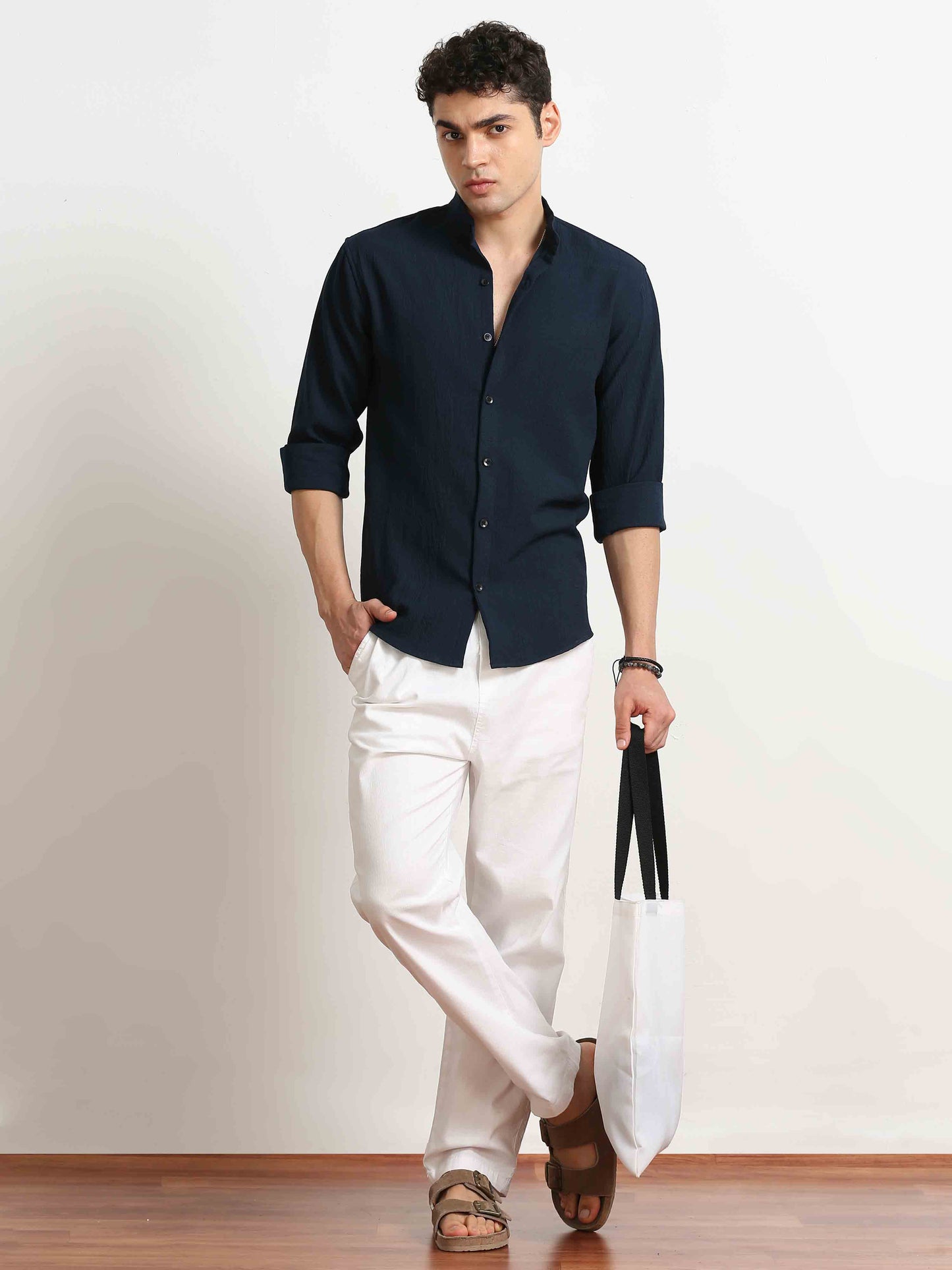 Navy Crush Textured Solid Shirt For Men