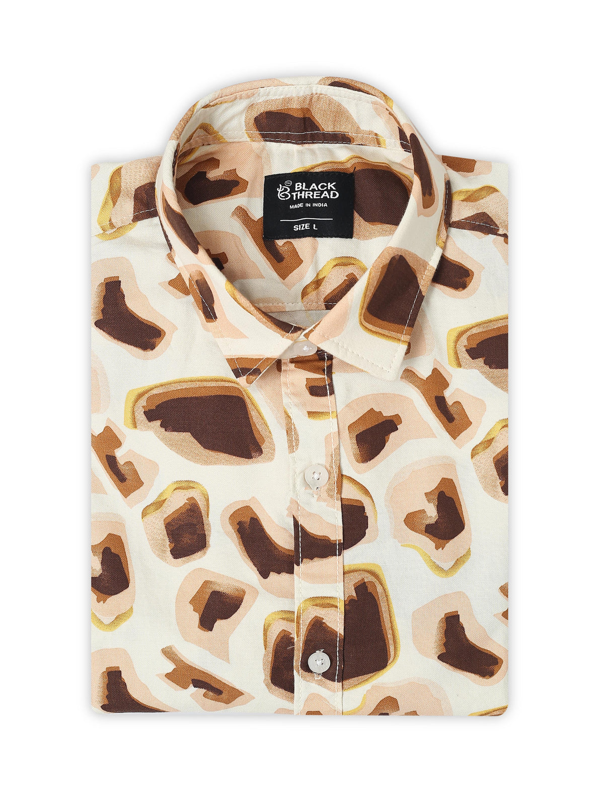 Men’s Brown & Cream Abstract Printed Cotton Shirt by Black Thread