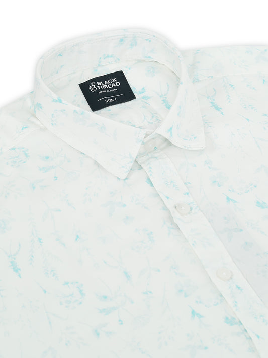 Men’s White &amp; Teal Minimal Printed Cotton Shirt