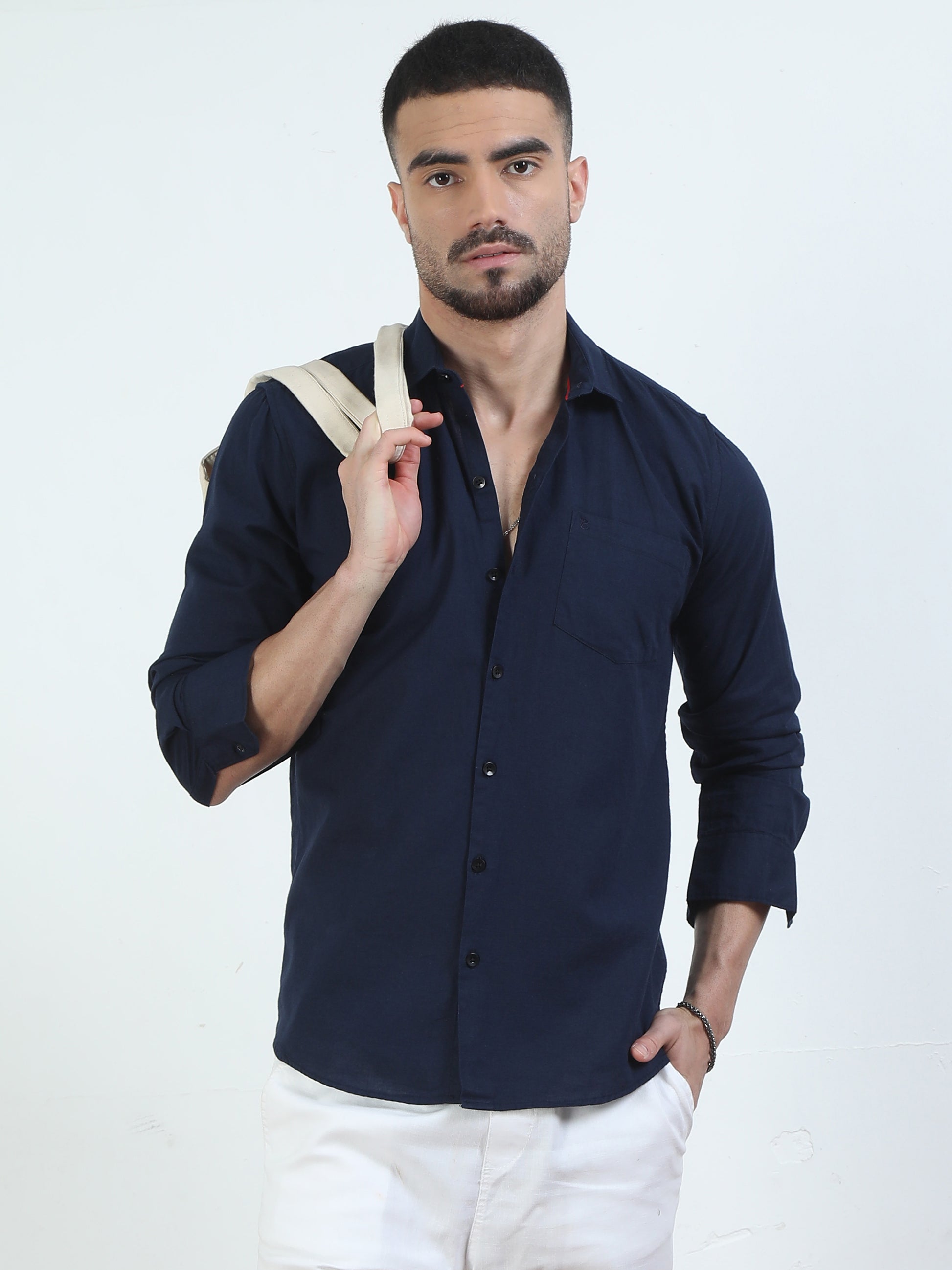 Pure Tone Slub Navy Shirt For Men