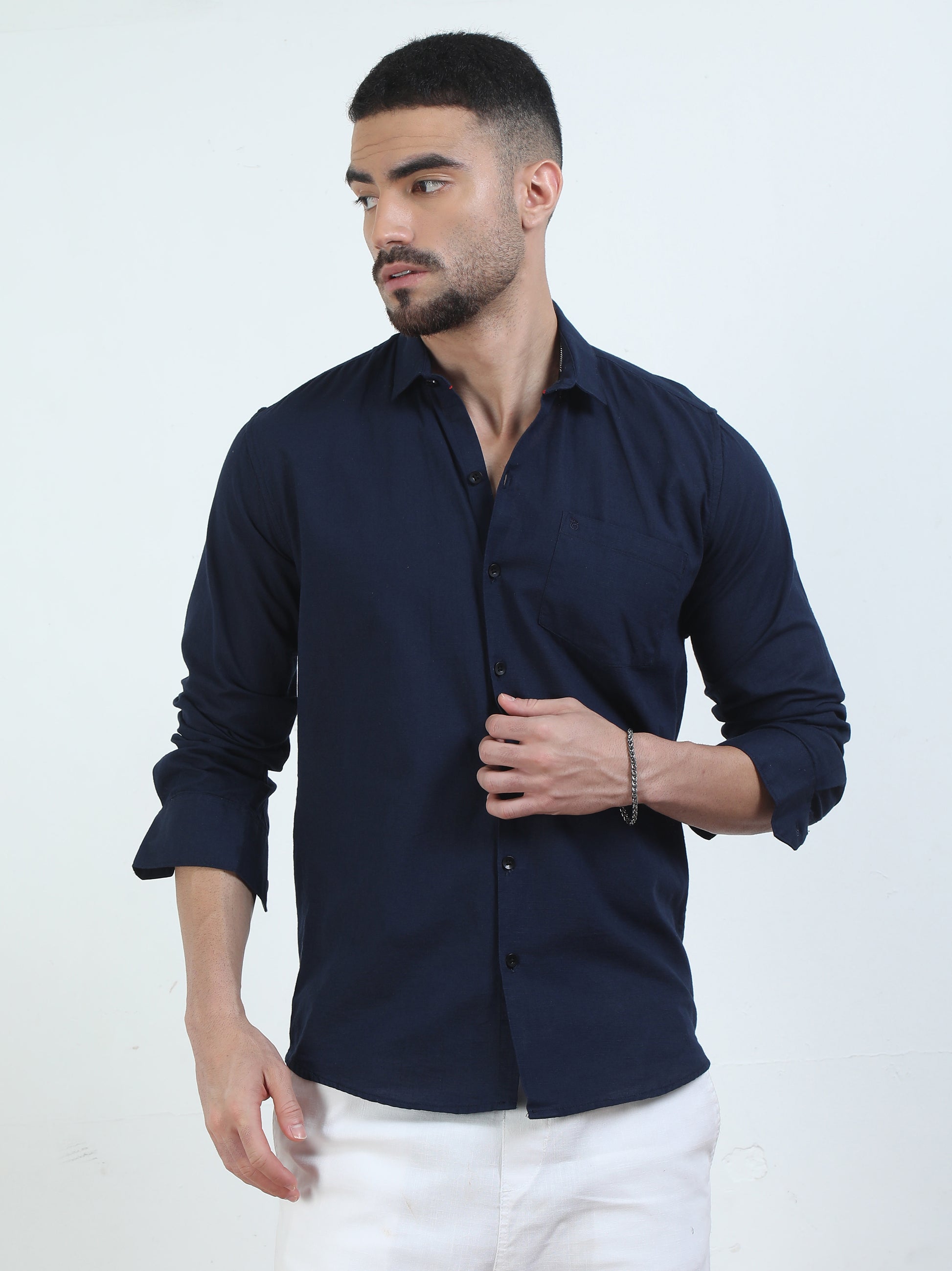 Pure Tone Slub Navy Shirt For Men