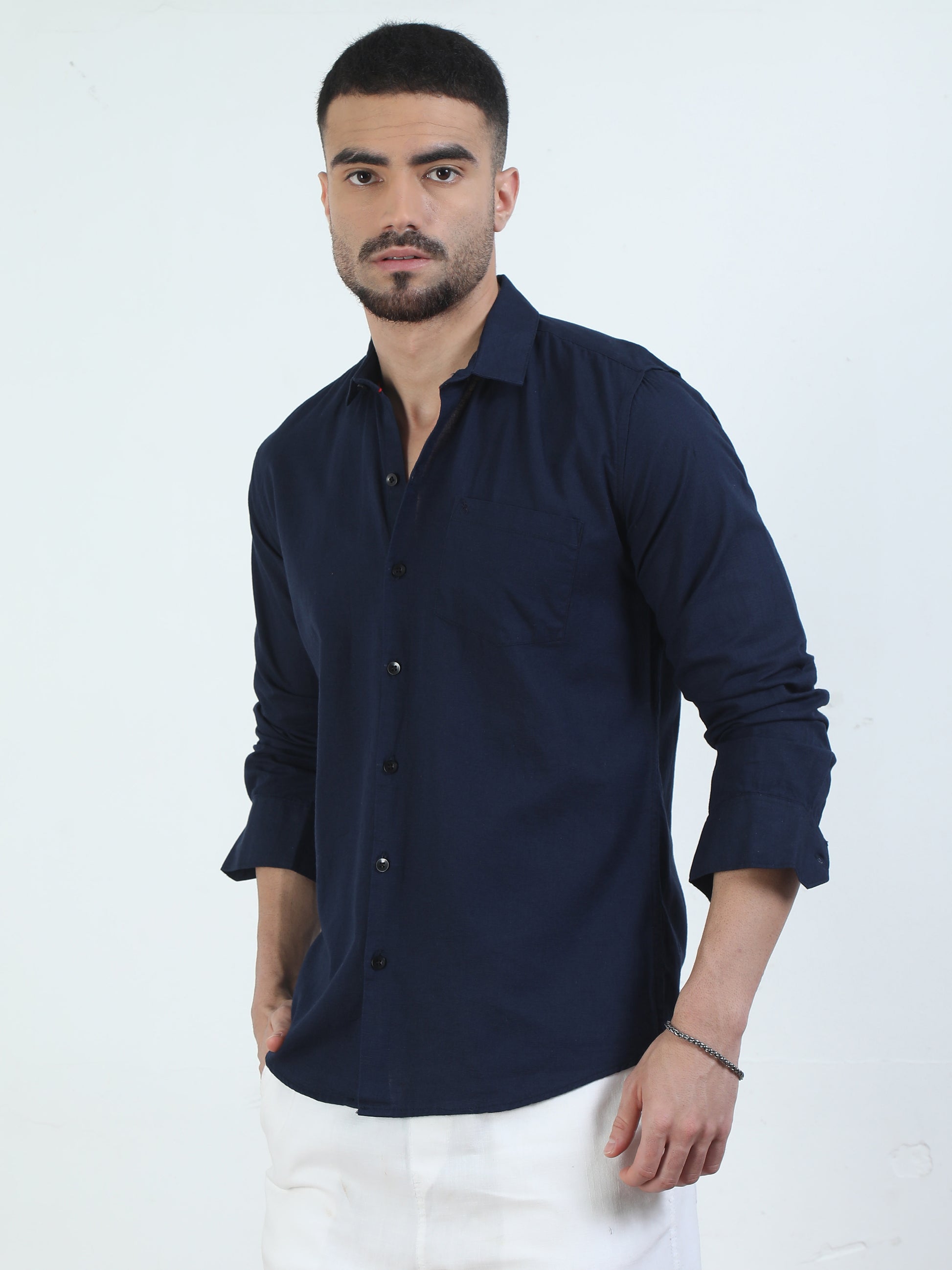 Pure Tone Slub Navy Shirt For Men