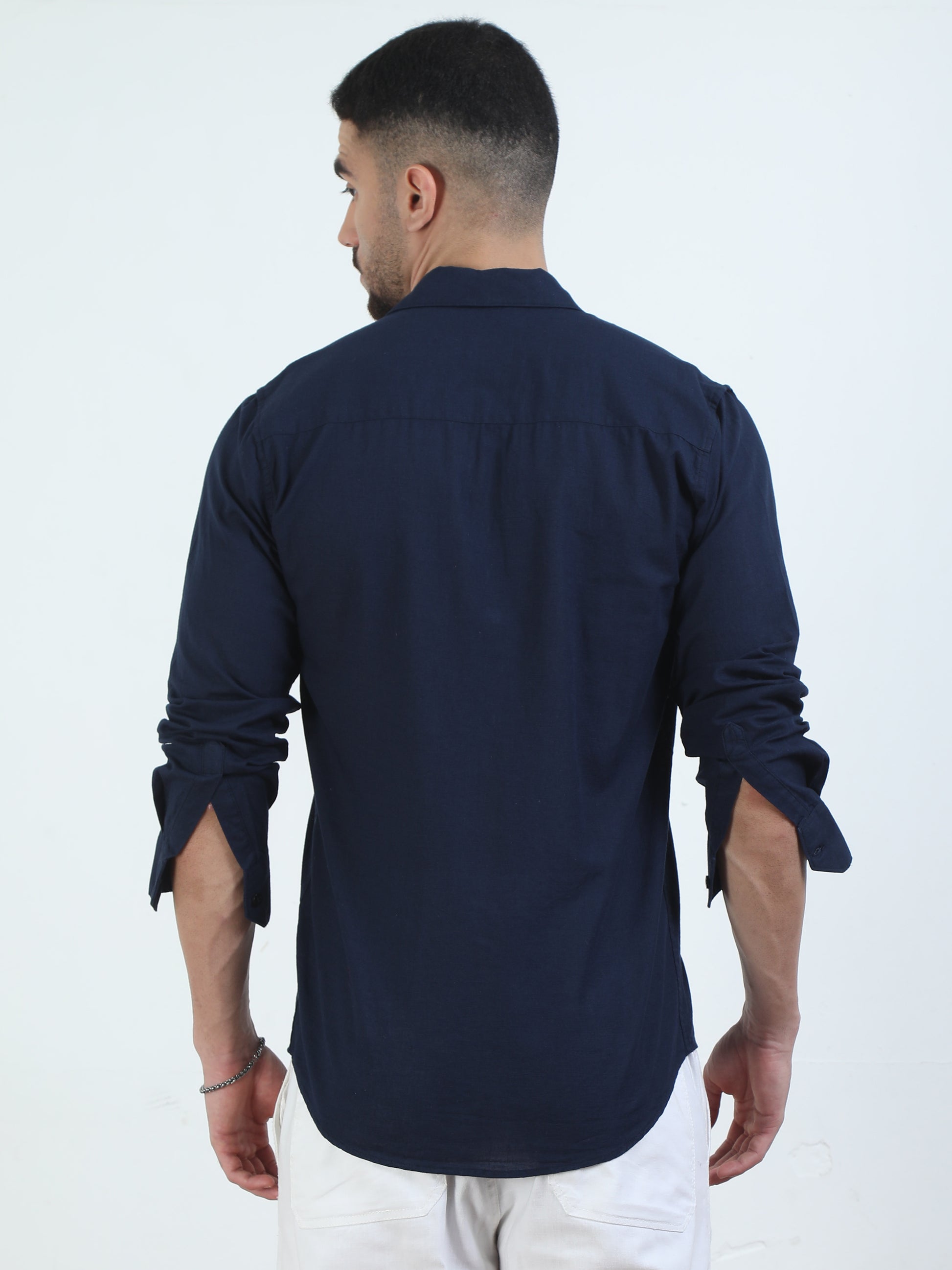 Pure Tone Slub Navy Shirt For Men