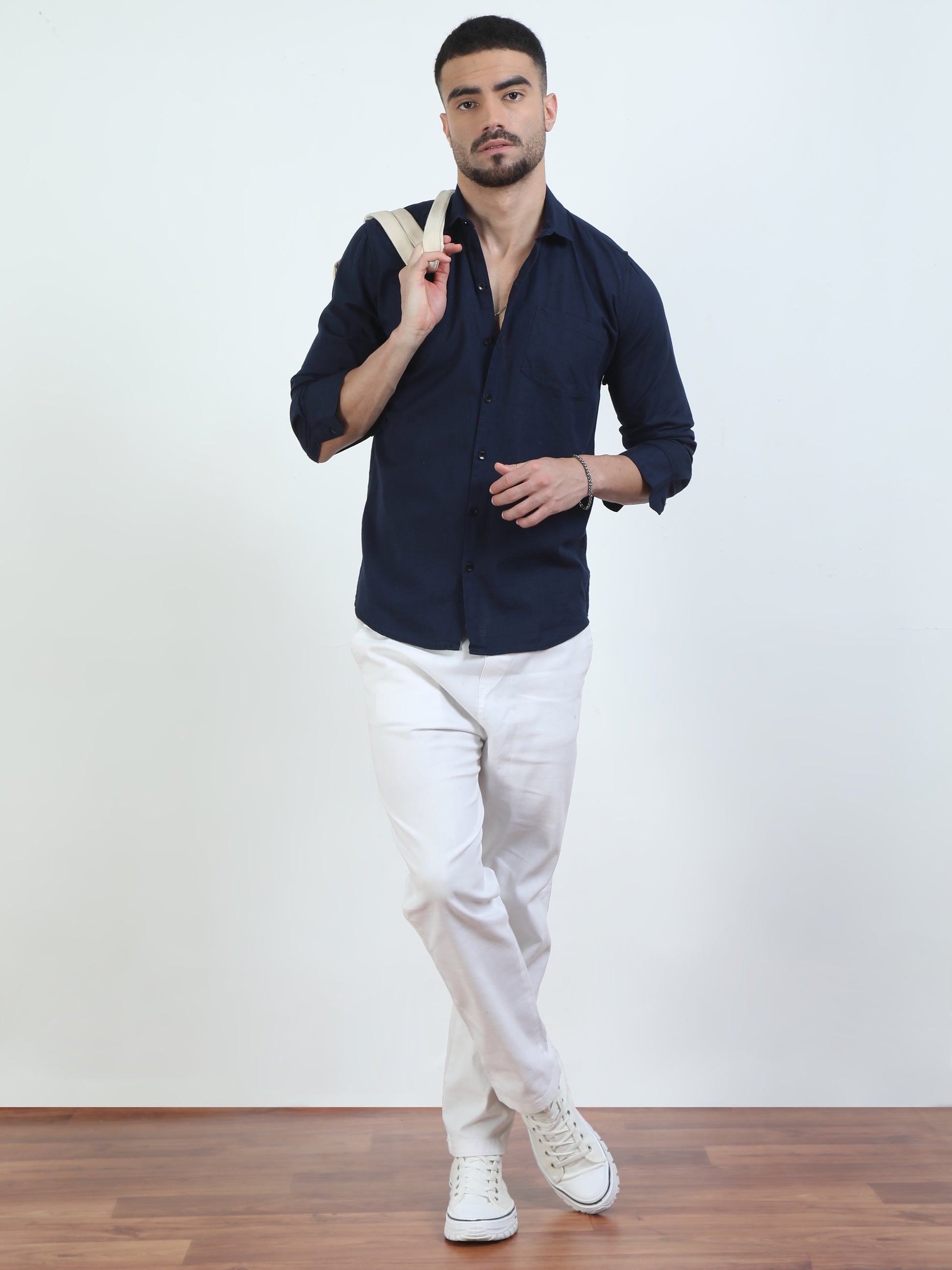 Pure Tone Slub Navy Shirt For Men