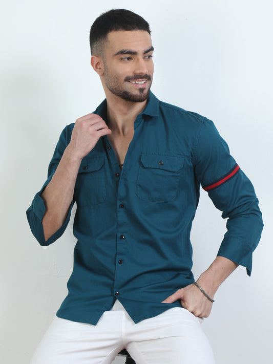 Sleeve Strap Double Pocket Blue Solid Shirt For Men