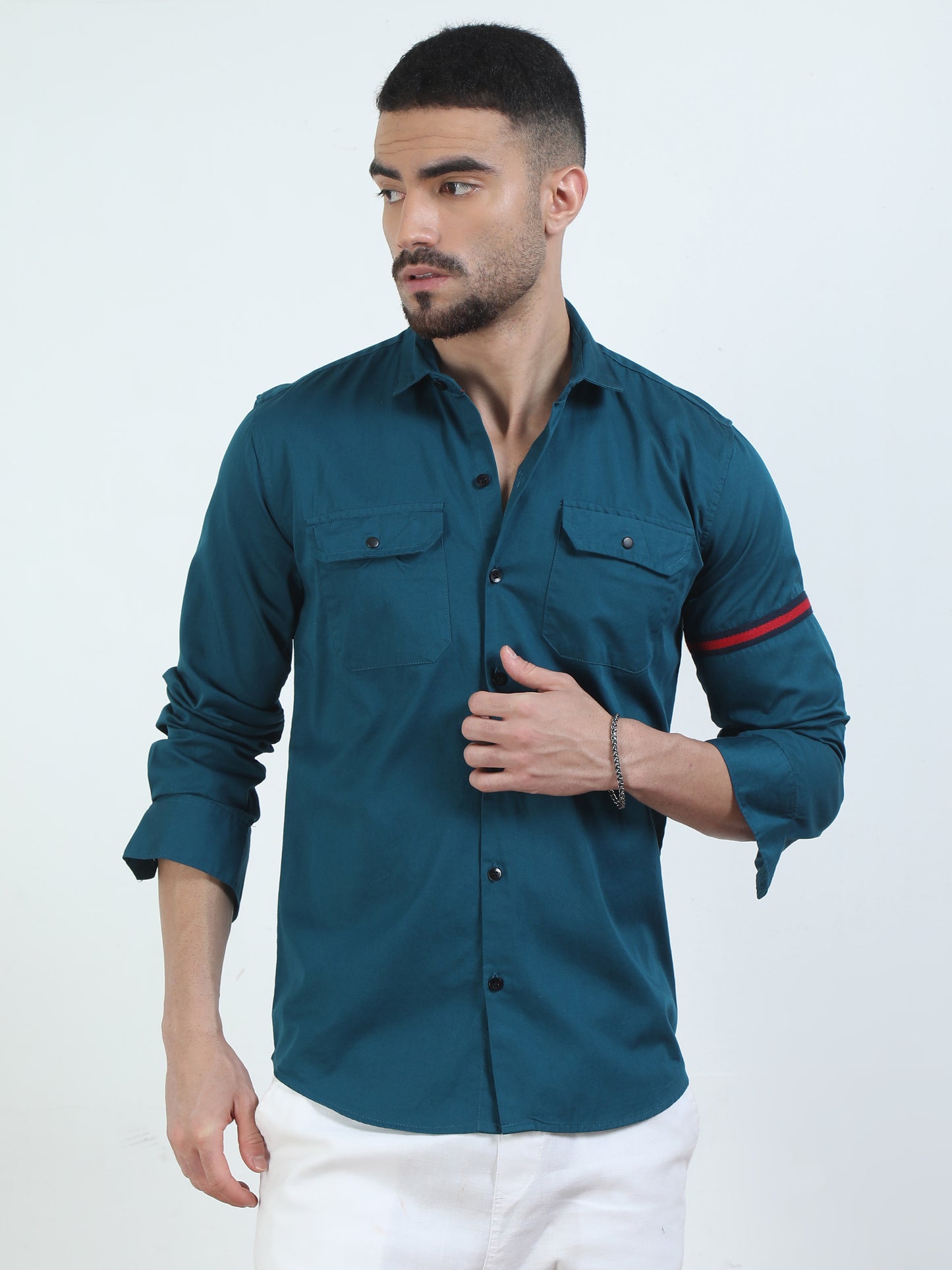 Sleeve Strap Double Pocket Bluewood  Solid Shirt