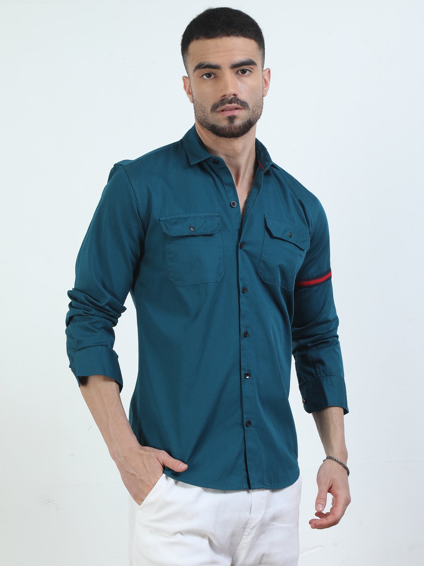 Sleeve Strap Double Pocket Blue Solid Shirt For Men