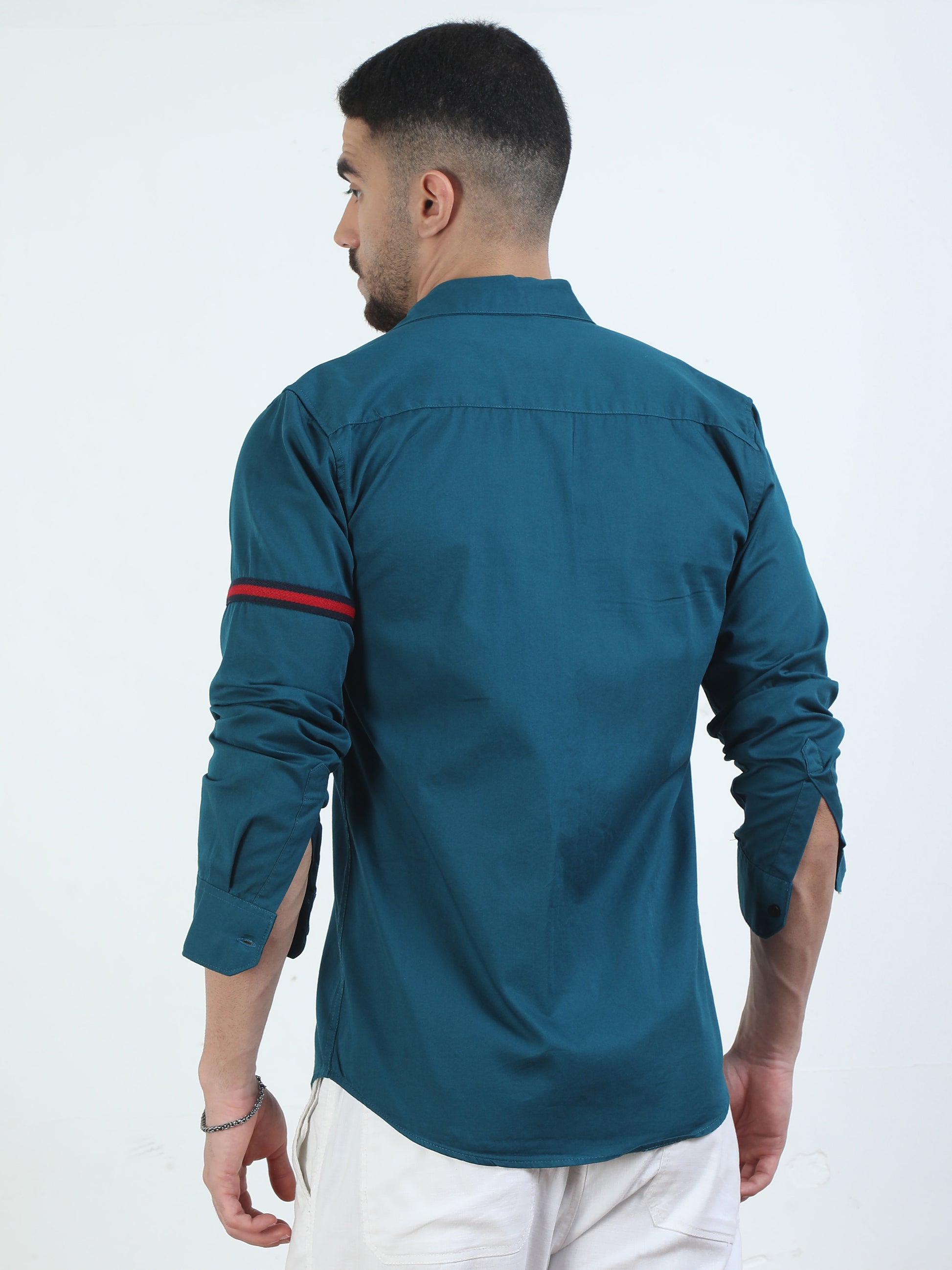 Sleeve Strap Double Pocket Blue Solid Shirt For Men