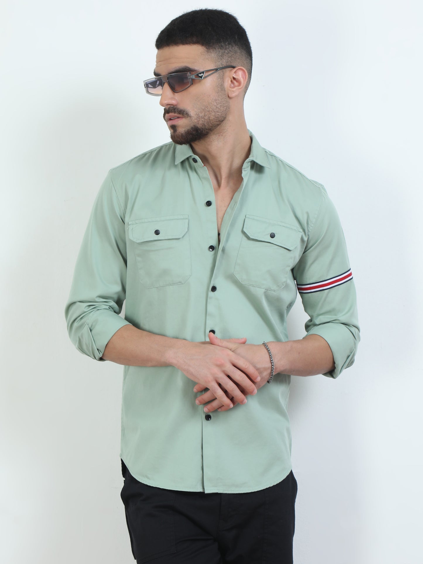 Double Pocket Light Green Shirt Mens