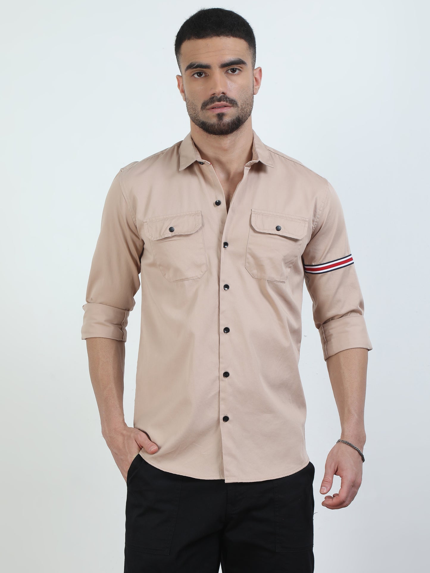 Double Pocket Beige Color Shirt For Men