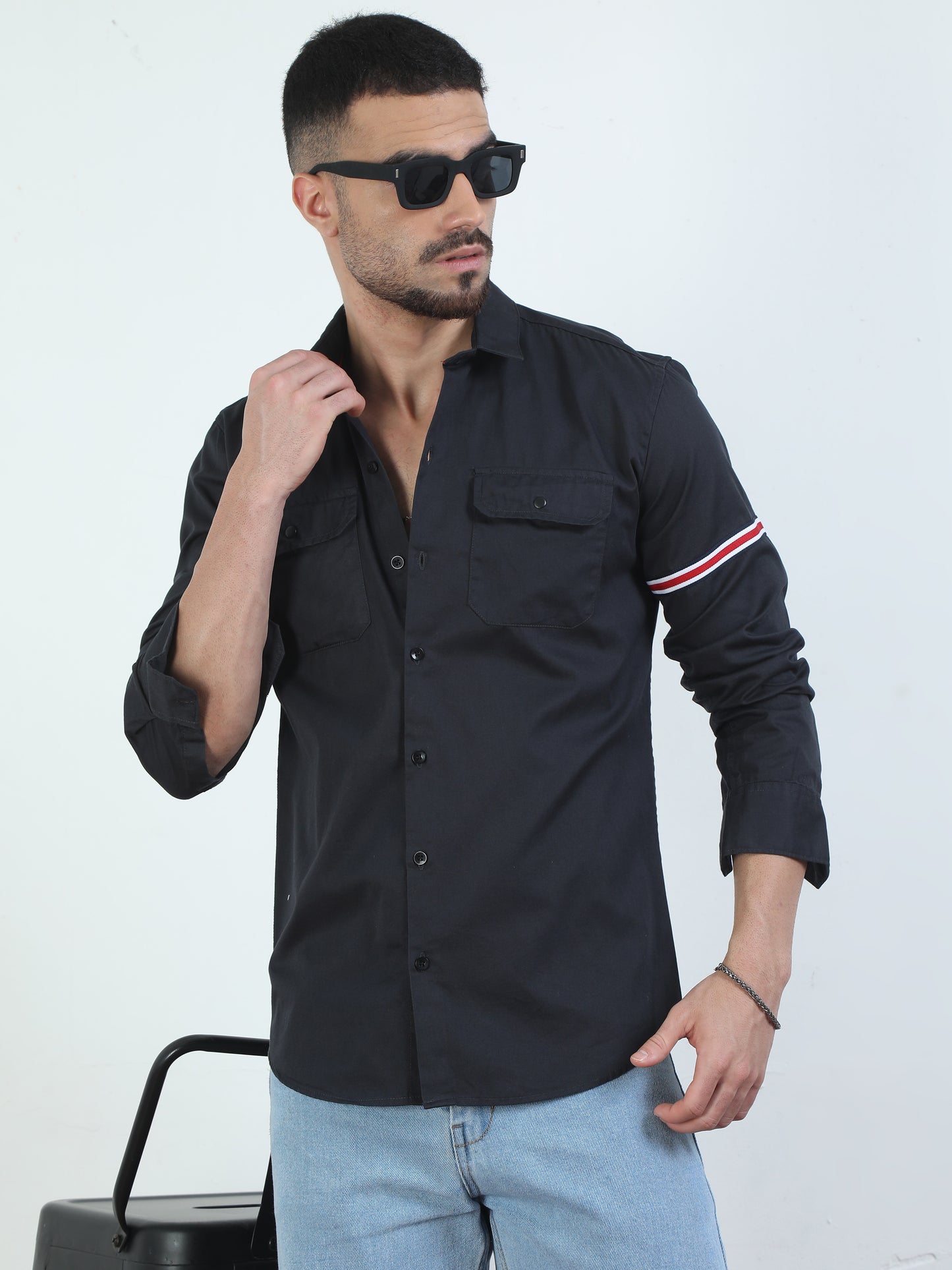 Sleeve Straped Black Shirt With Pocket For Men