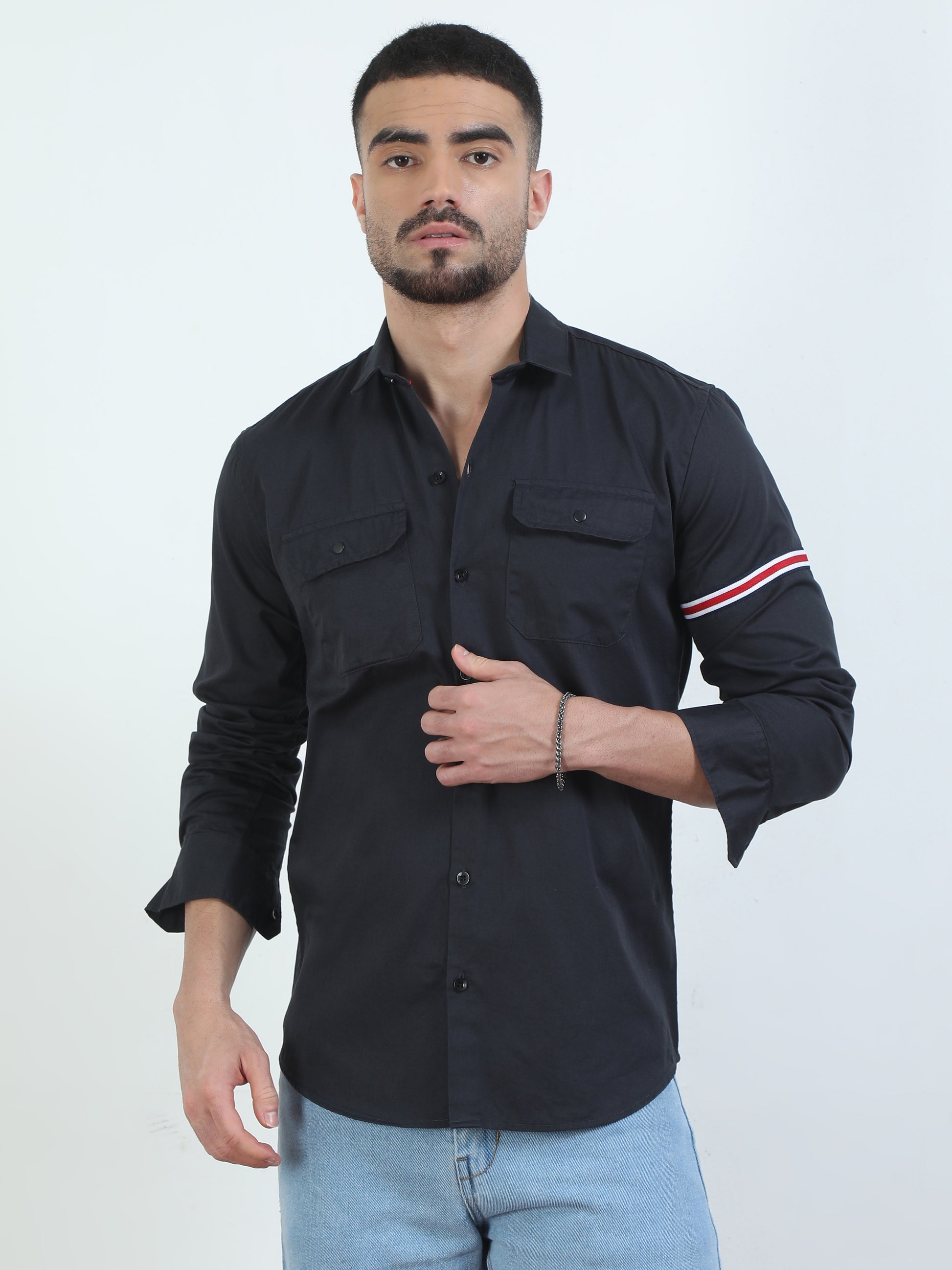 Sleeve Straped Black Shirt With Pocket For Men