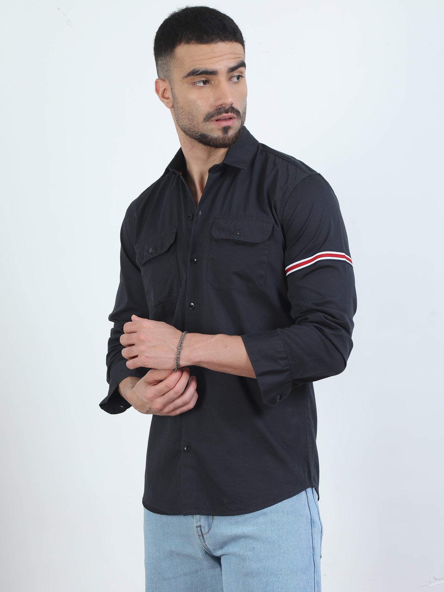 Sleeve Straped Black Shirt With Pocket For Men