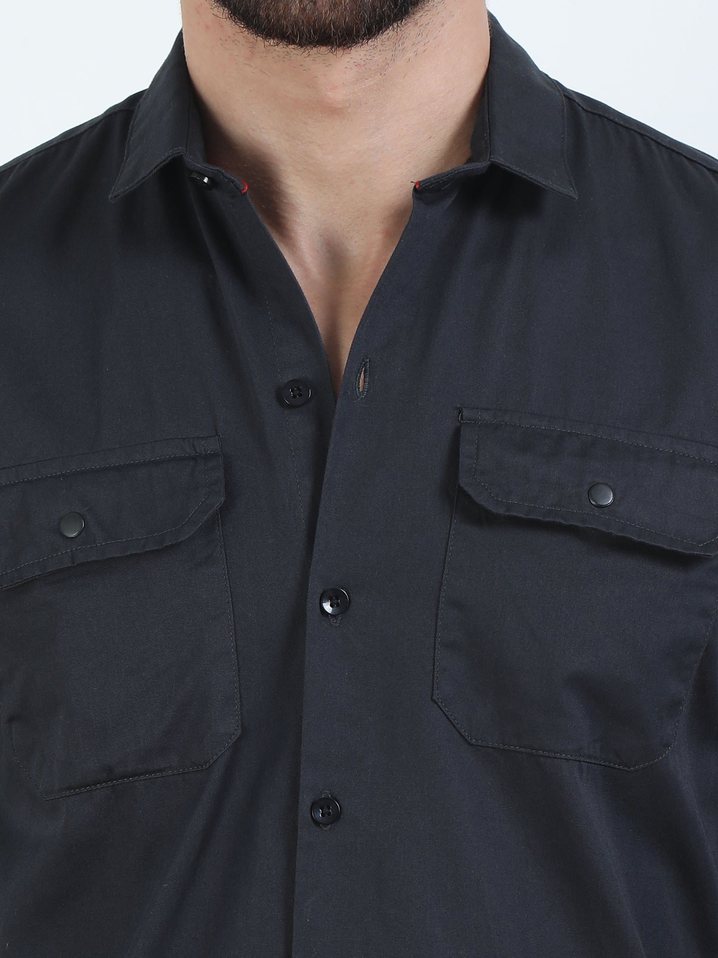 Sleeve Straped Black Shirt With Pocket For Men