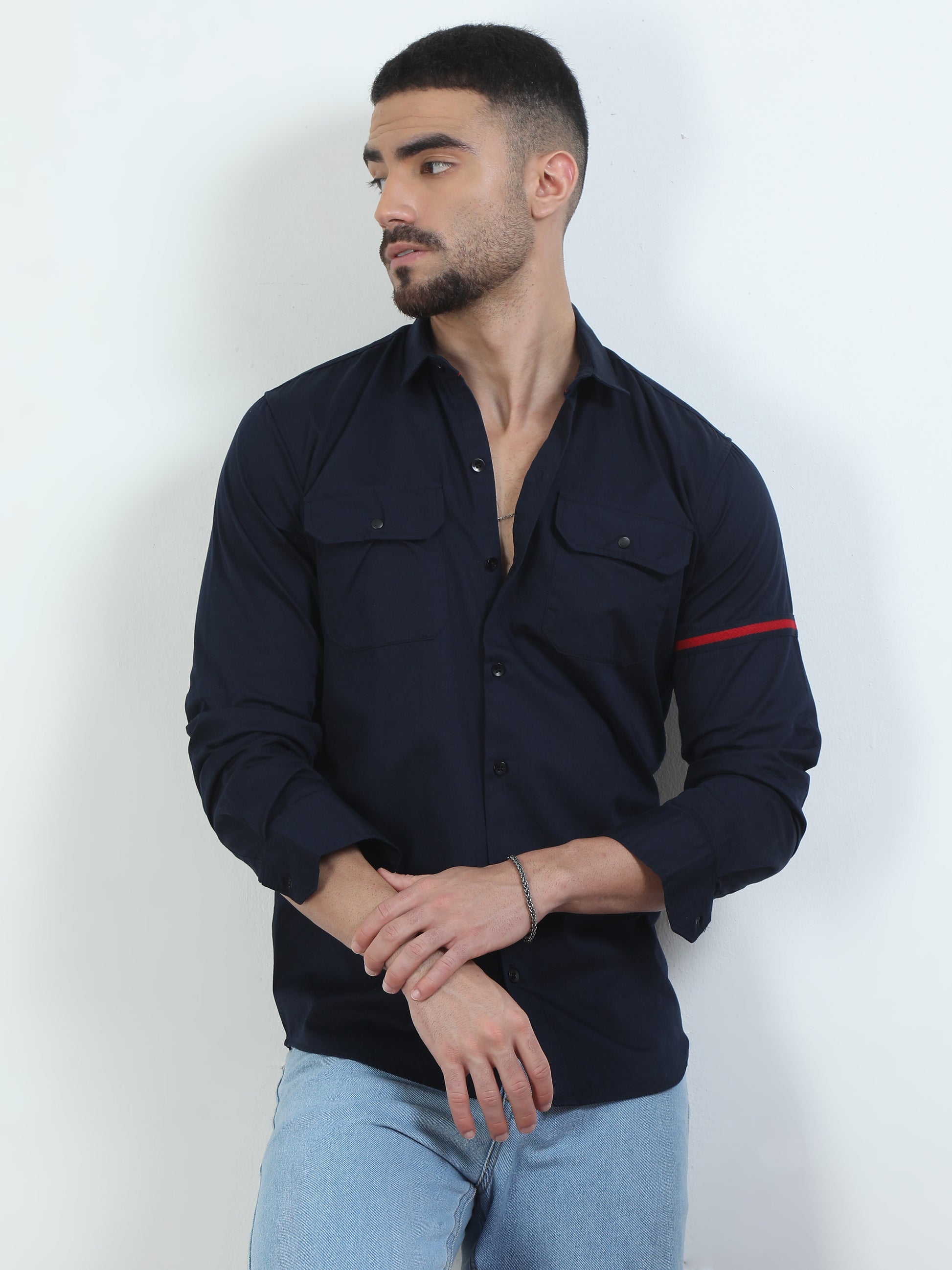 Double Pocket Navy Blue Shirt For Men