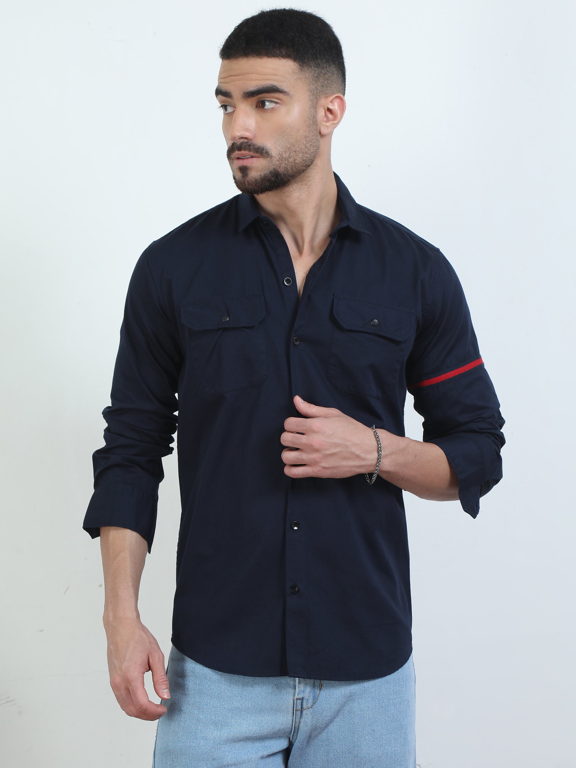 Double Pocket Navy Blue Shirt For Men