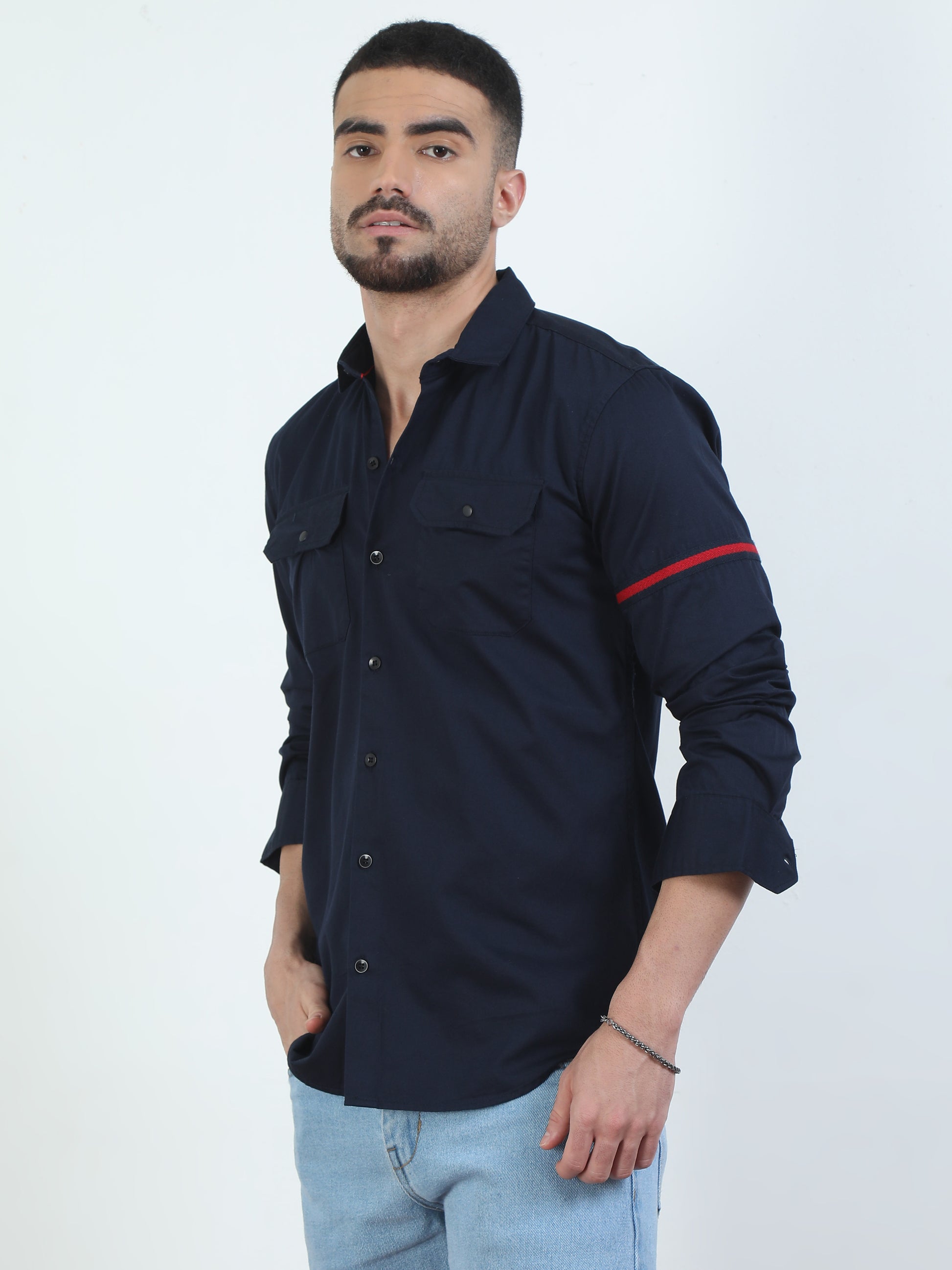 Double Pocket Navy Blue Shirt For Men