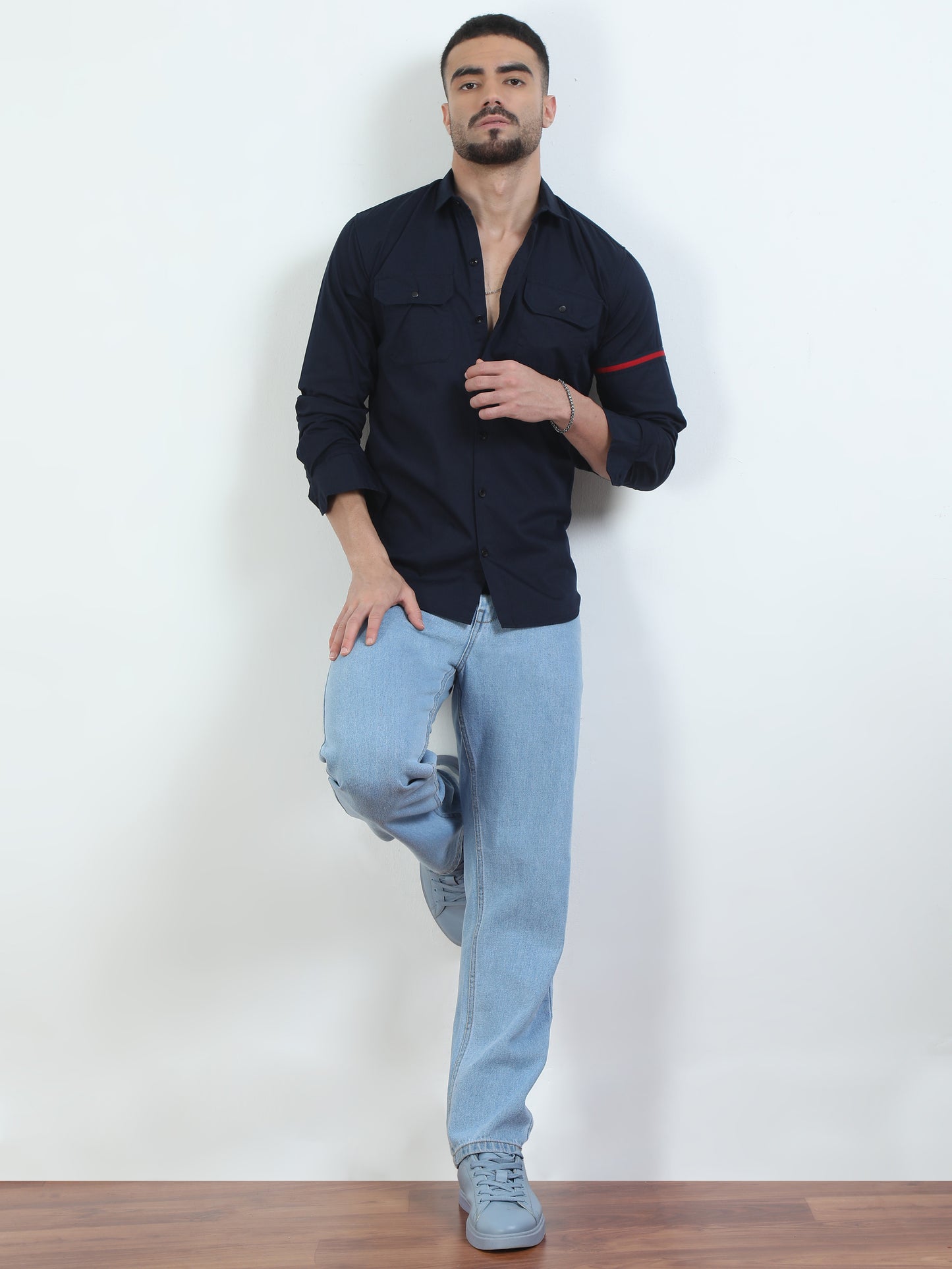 Double Pocket Navy Blue Shirt For Men