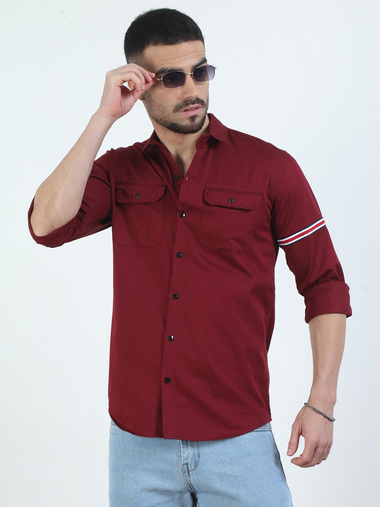 Sleeve Straped Red Shirt With Pocket For Men