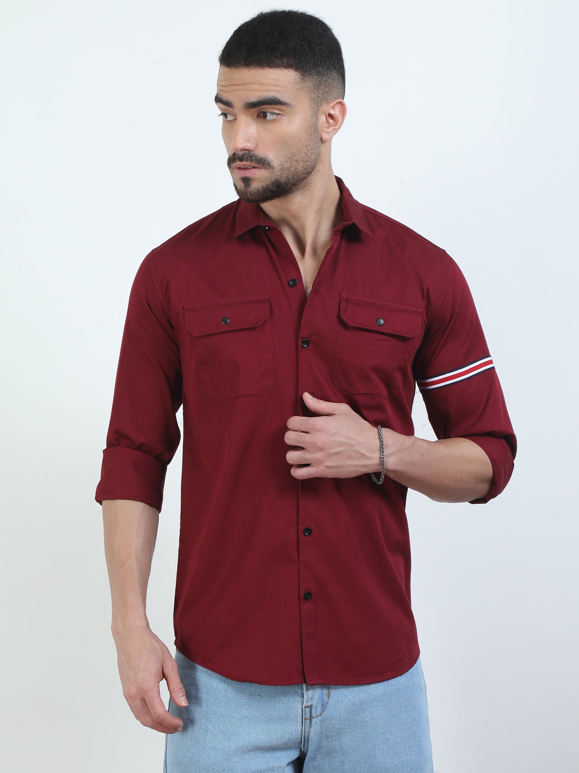 Sleeve Straped Red Shirt With Pocket For Men