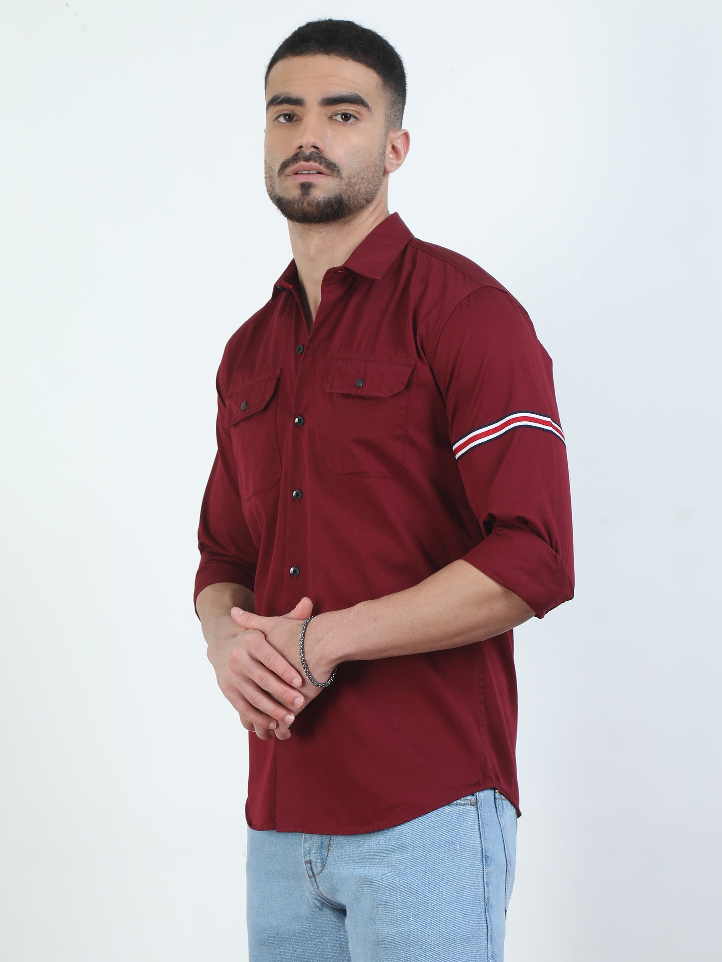 Sleeve Straped Red Shirt With Pocket For Men