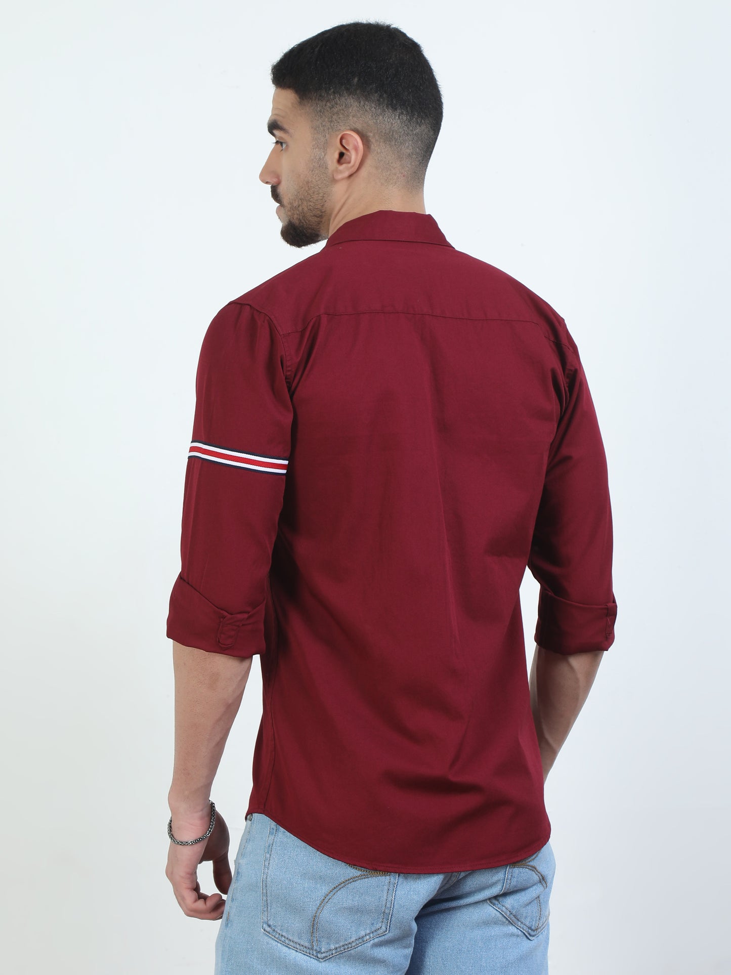 Sleeve Straped Red Shirt With Pocket For Men