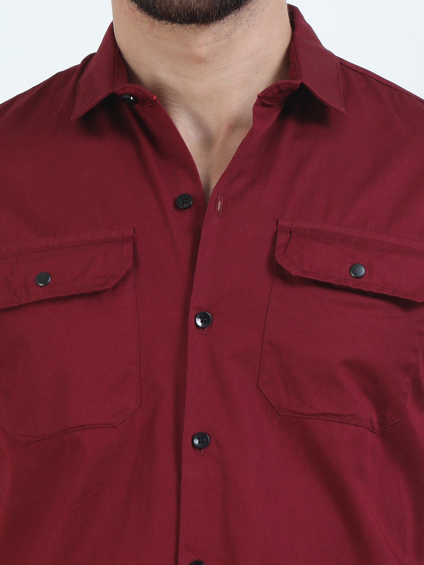 Sleeve Straped Red Shirt With Pocket For Men