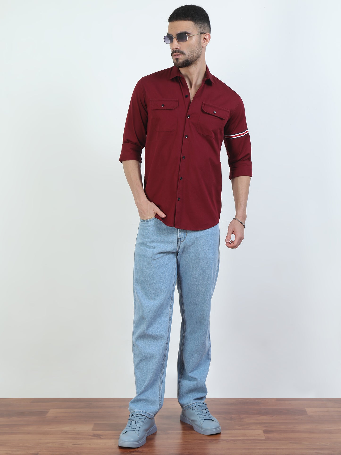 Sleeve Straped Red Shirt With Pocket For Men