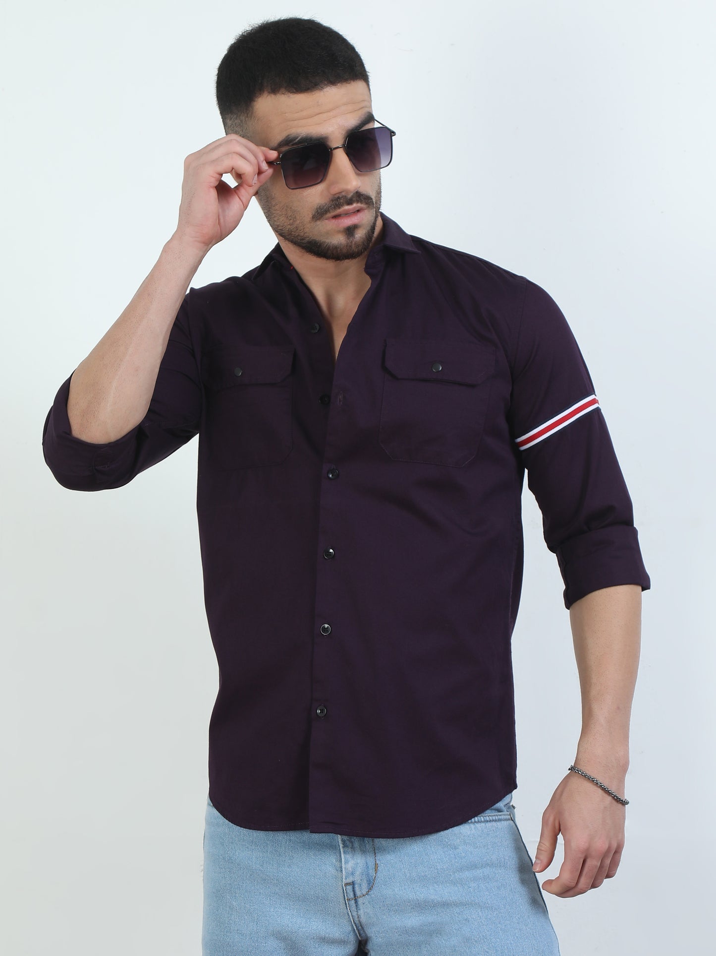 Double Pocket Fashionable Purple Shirt Mens