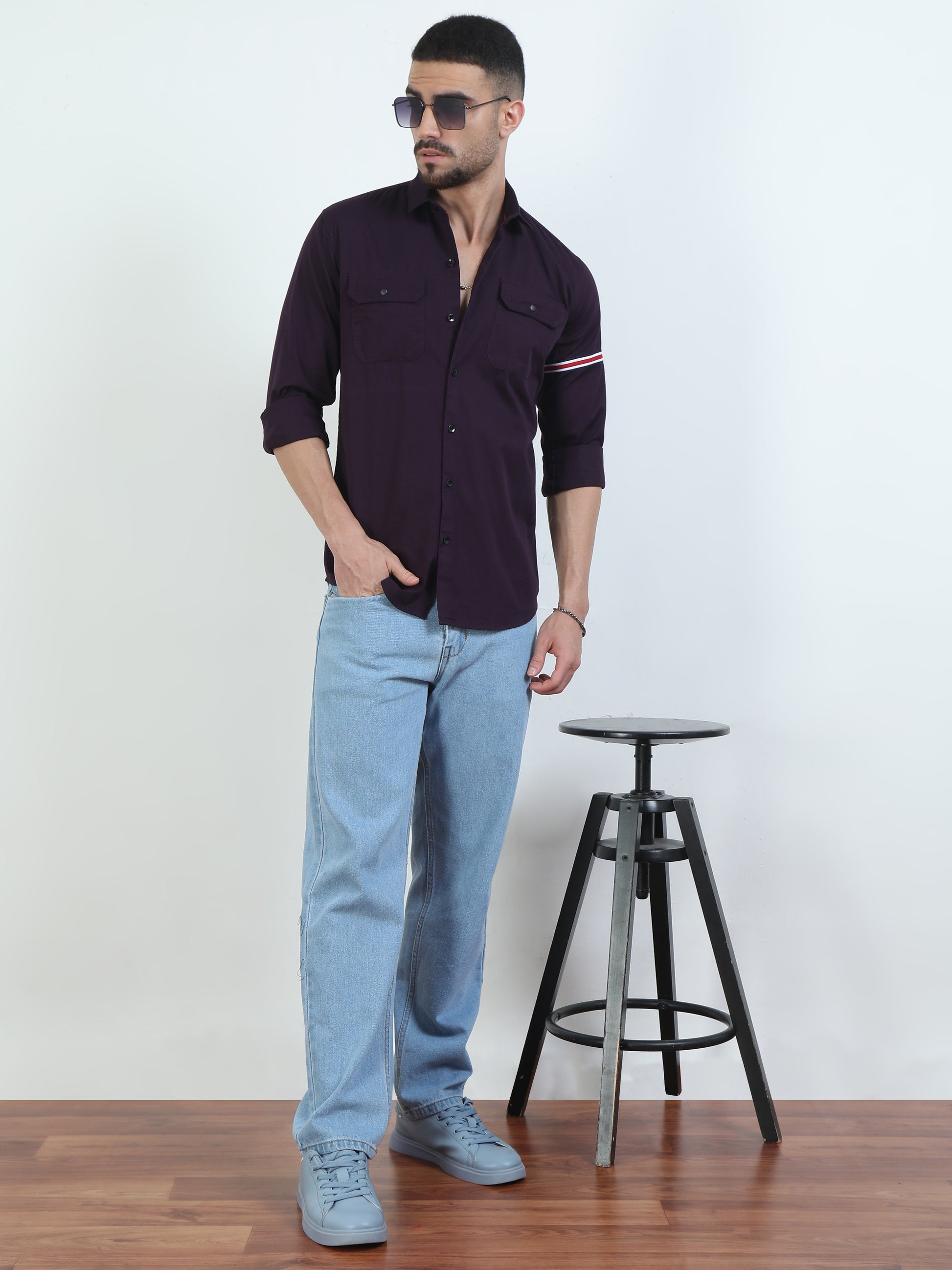 Double Pocket Fashionable Purple Shirt Mens