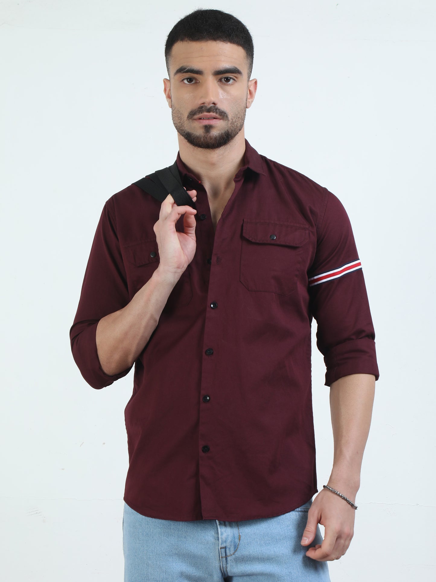 Full Sleeves Double Pocket Maroon Shirt Mens