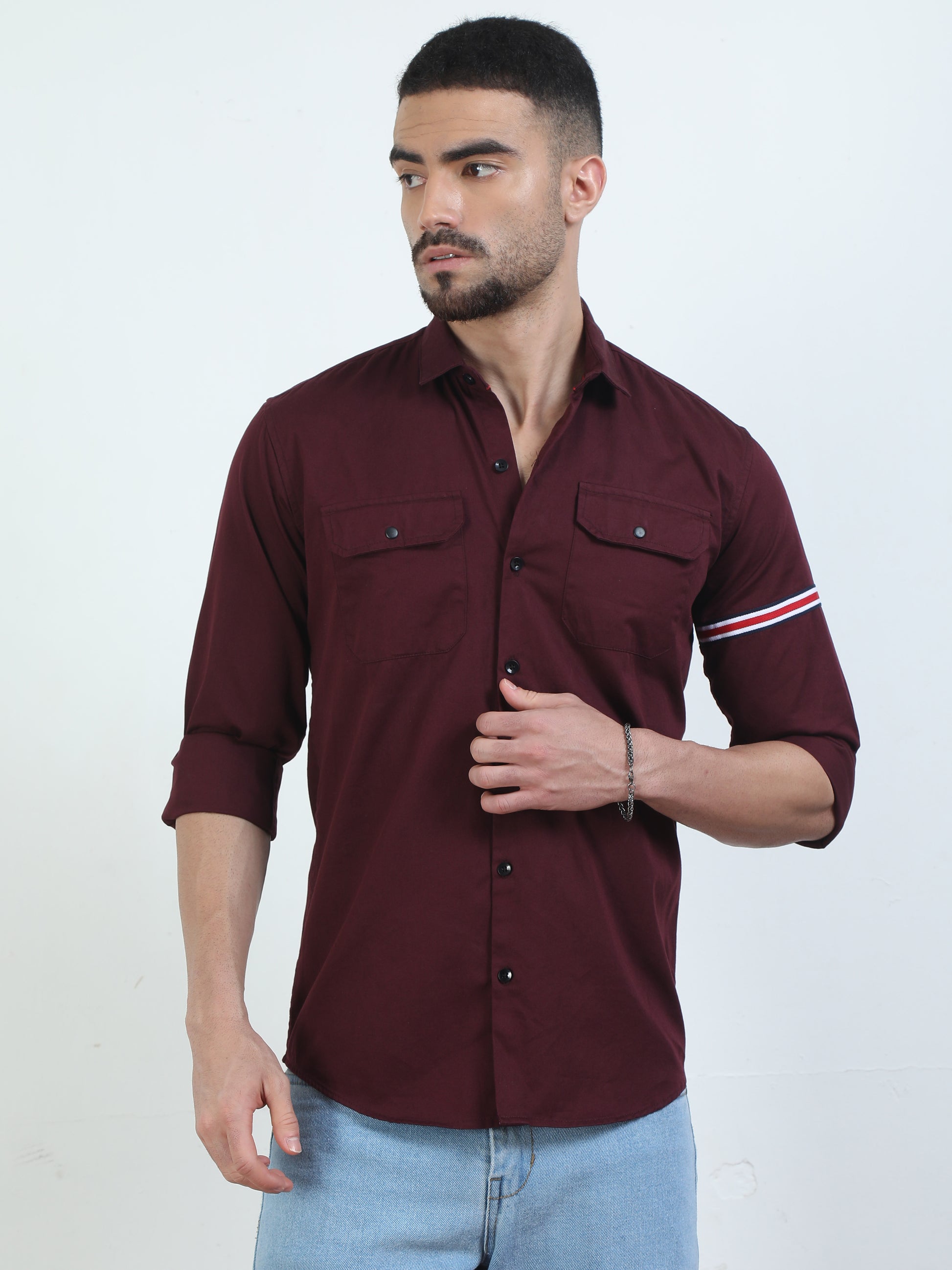 Full Sleeves Double Pocket Maroon Shirt Mens