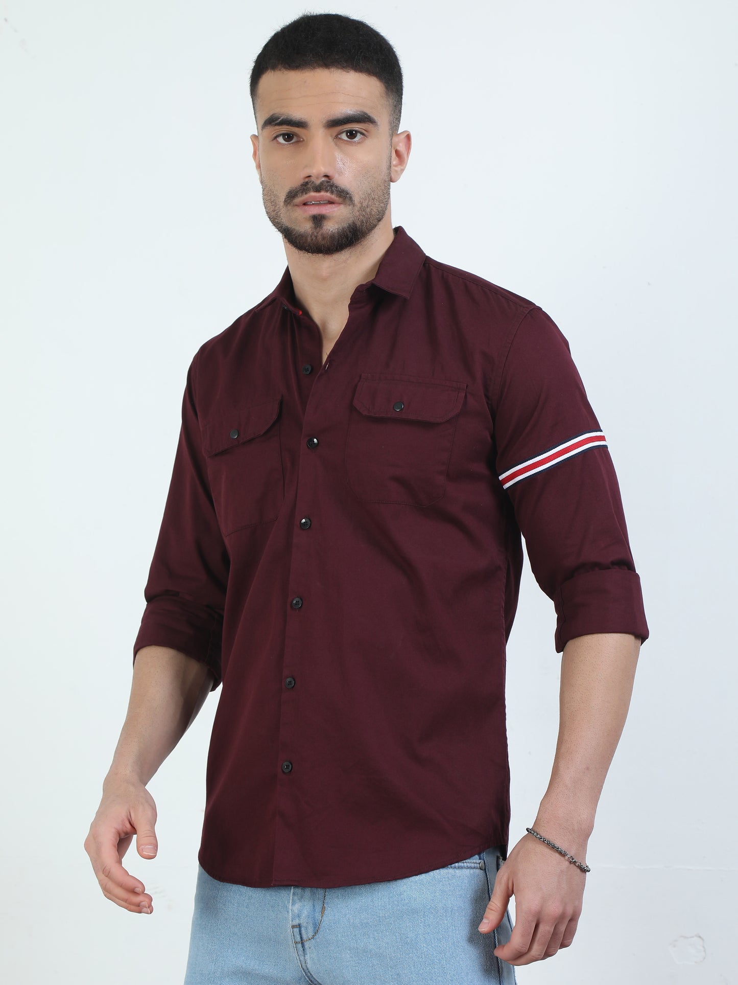 Full Sleeves Double Pocket Maroon Shirt Mens