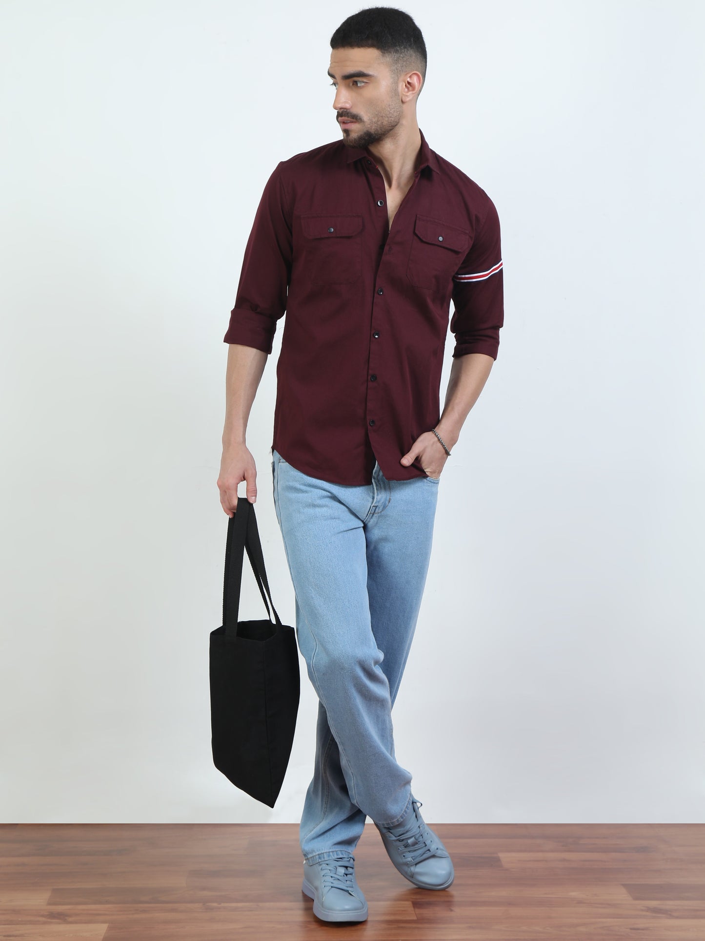 Full Sleeves Double Pocket Maroon Shirt Mens