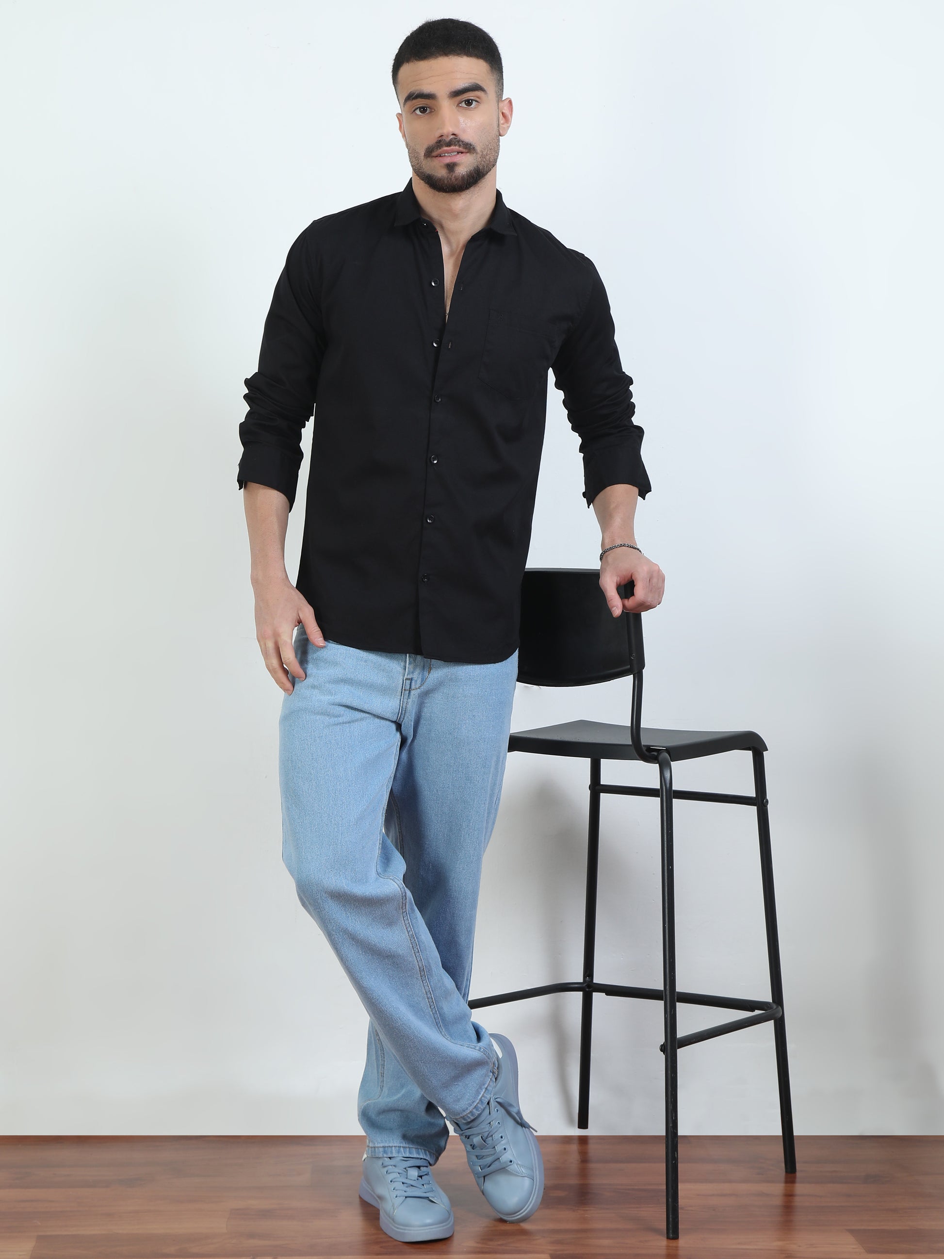 Pure Tone Solid Black Shirt For Men