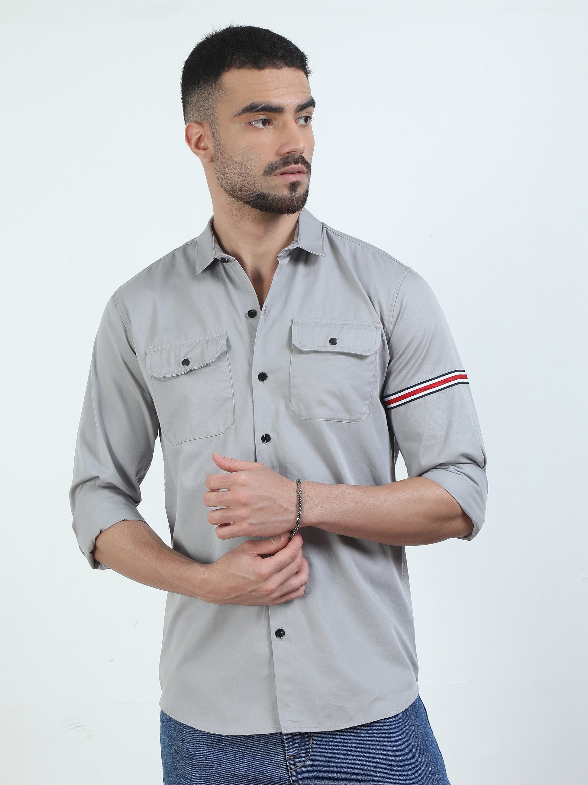 Double Pocket Grey Colour Shirt For Men