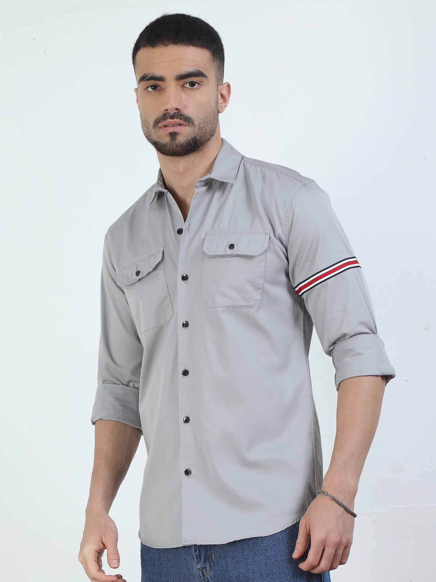 Double Pocket Grey Colour Shirt For Men