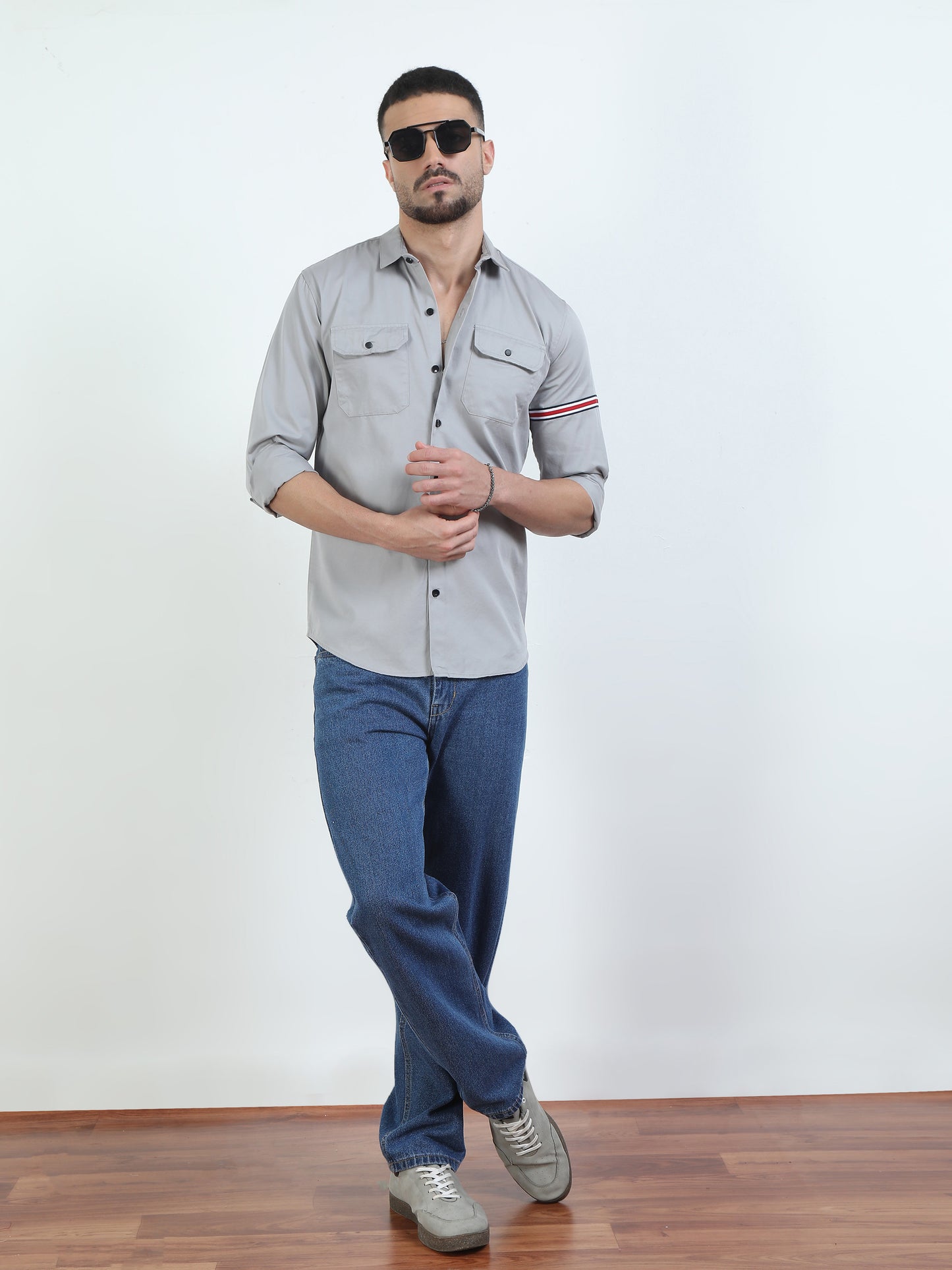 Double Pocket Grey Colour Shirt For Men