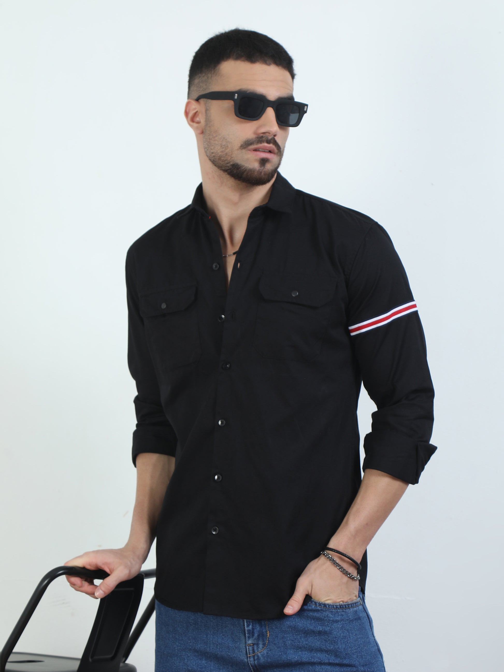 Sleeve Strap Black Double Pocket Shirt​ For Men